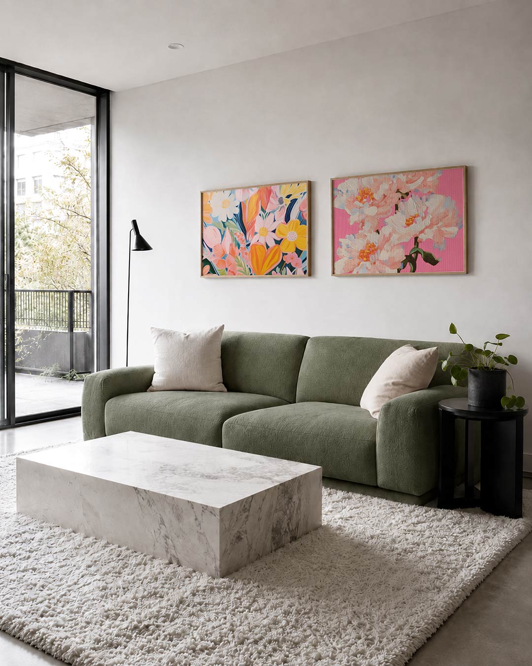 Tweedelige posterset met een levendige verzameling bloemen in zachte pastelkleuren, getoond in een interieur