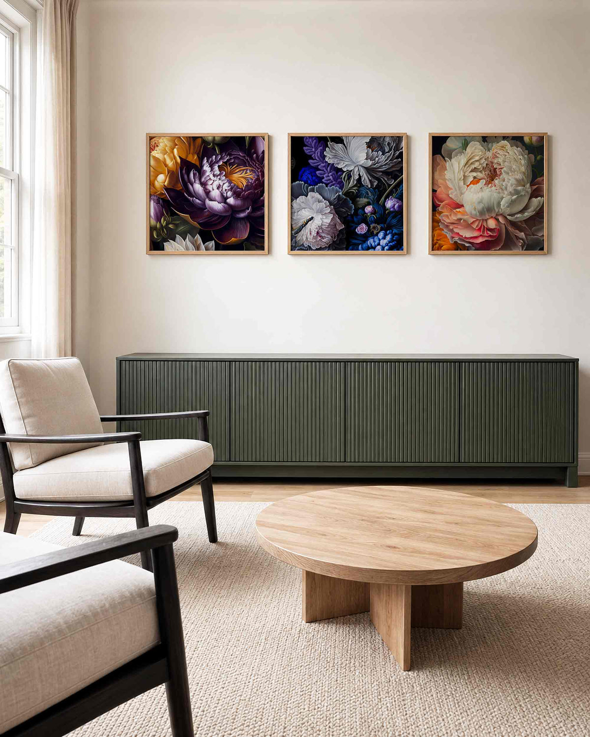 Interieurpresentatie van een driedelige vierkante posterset met kleurrijke bloemen