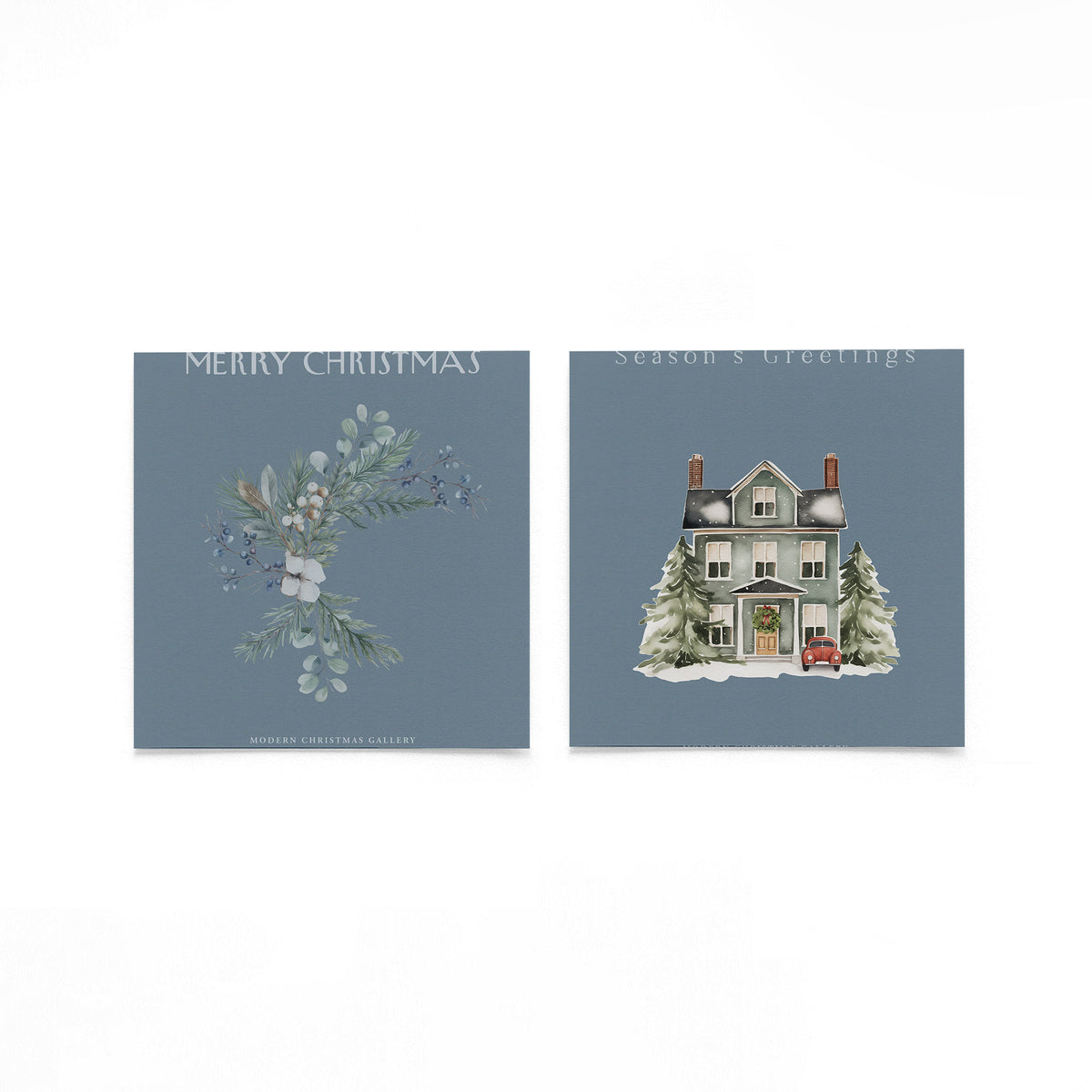 Twee vierkante posters met kerstgroen en sneeuwhuis op een gebroken witte achtergrond