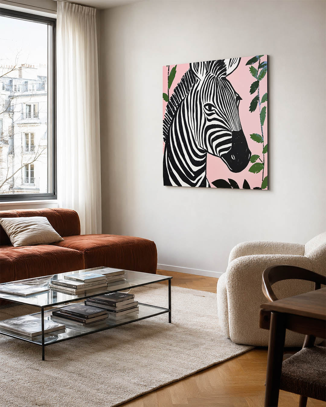 Zebra op roze achtergrond Kunstwerk