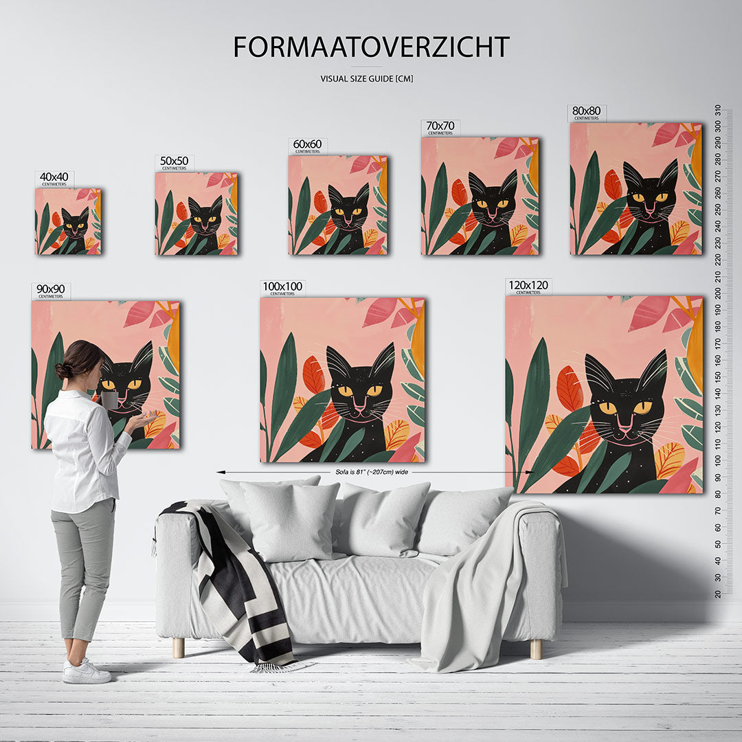 Kleurrijke kat en bladeren Kunstwerk