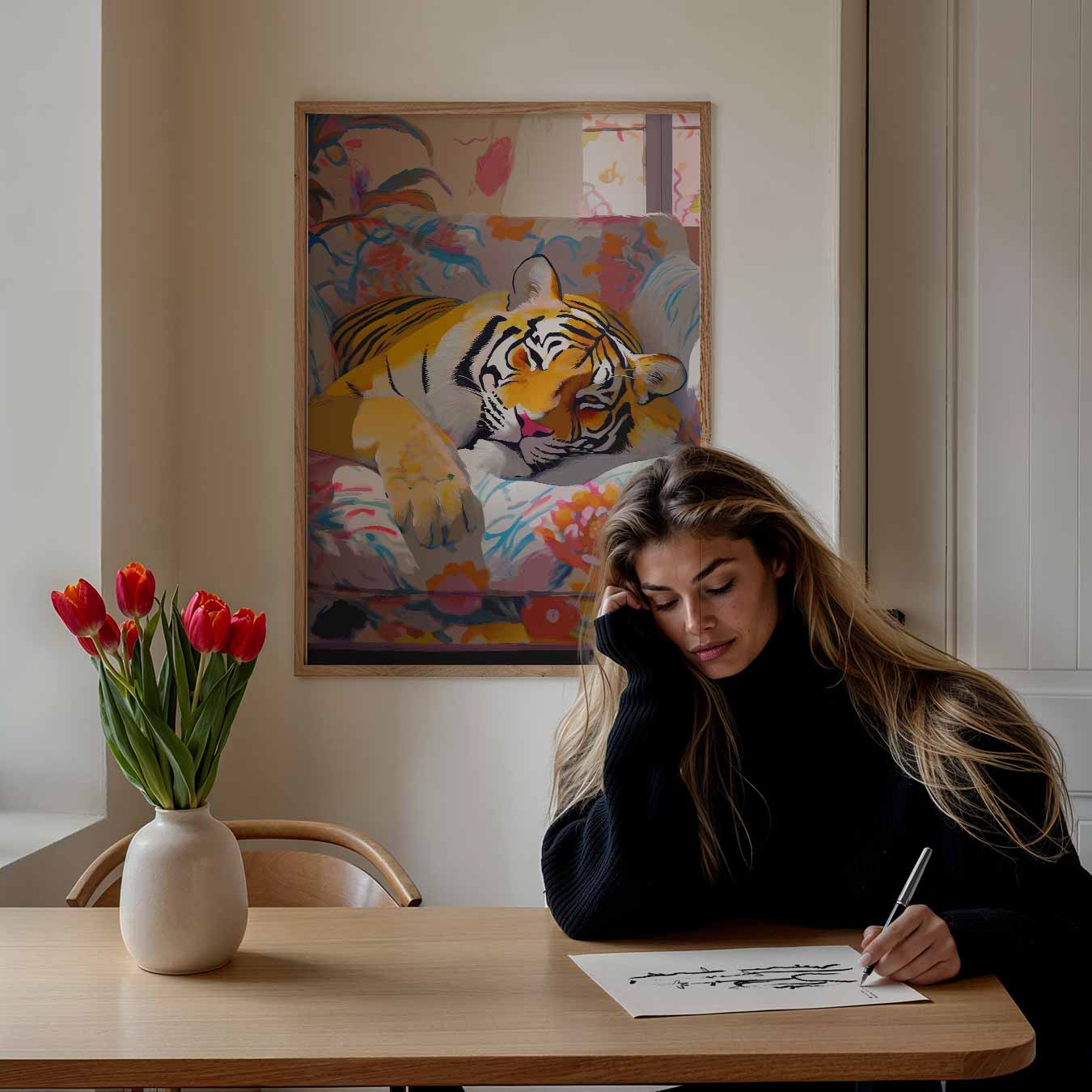 Dromerige Tijger op Bloemige Bank Poster-WallArtistic
