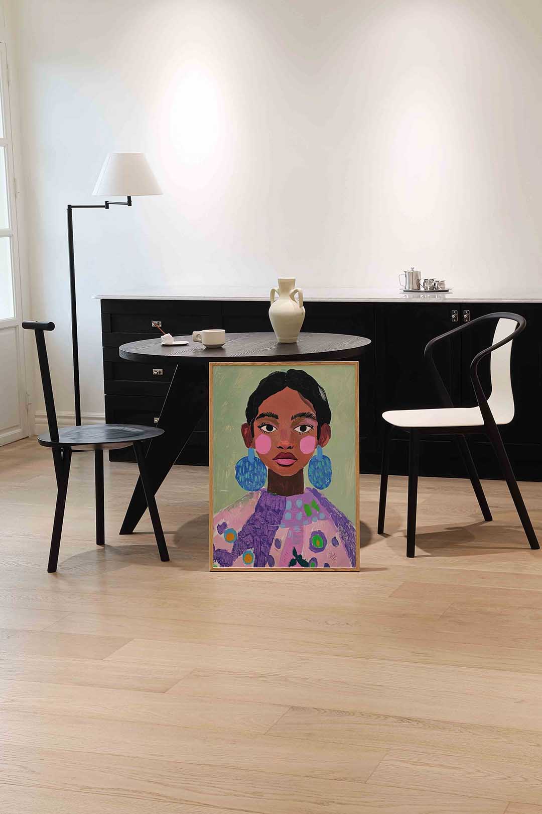 Portret met blauwe oorbellen Poster