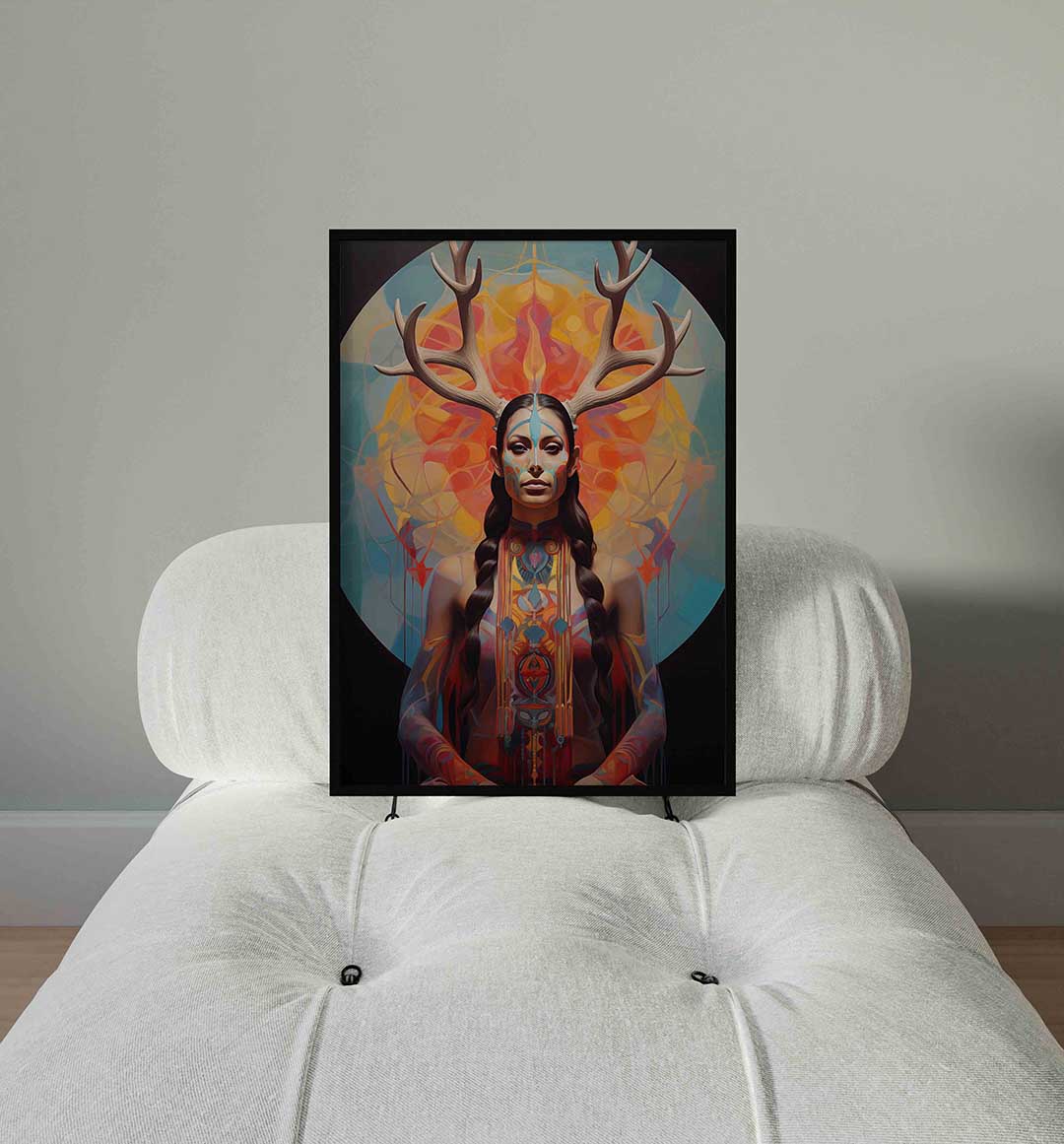 Vrouw met gewei en kleurrijke achtergrond Poster