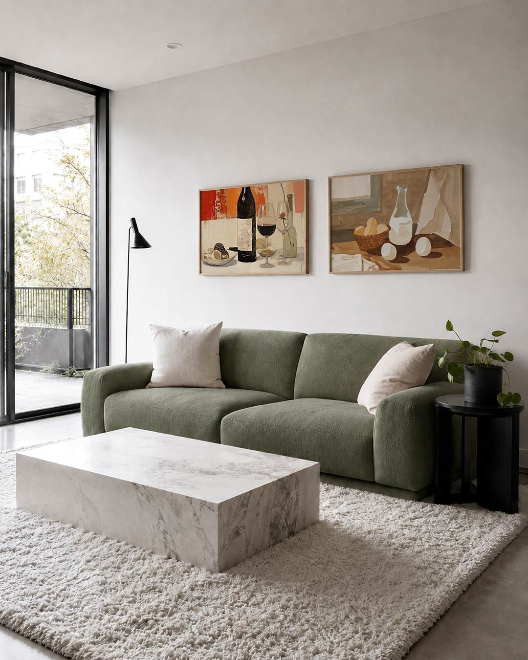 Interieurbeeld met twee liggende posters: een wijnfles en glazen tussen warme rode en oranje kleurvlakken