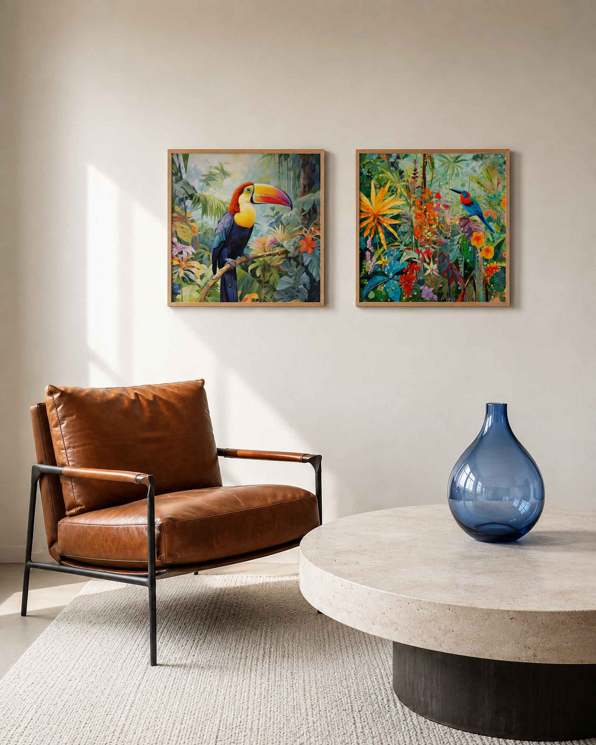 Interieurpresentatie van een tweedelige vierkante posterset met toekans in tropisch groen