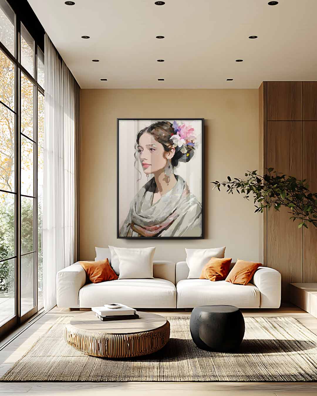 Vrouw met Bloemmotief Kunstwerk-canvas-dibond-plexiglas-wanddecoratie-WallArtistic