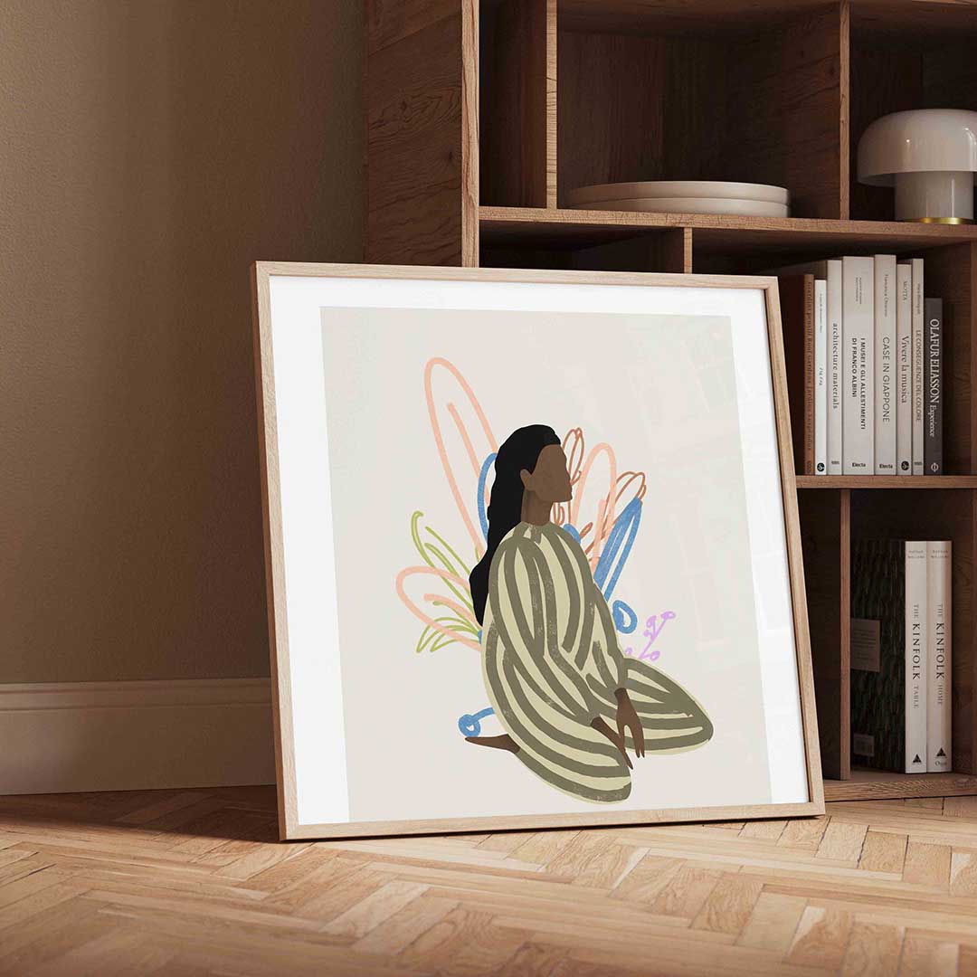 Zittende figuur met abstracte vormen Poster