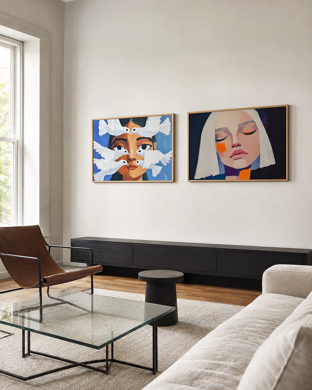 Tweedelige posterset met een gezicht met grote ogen omringd door witte vogels, getoond in een interieur