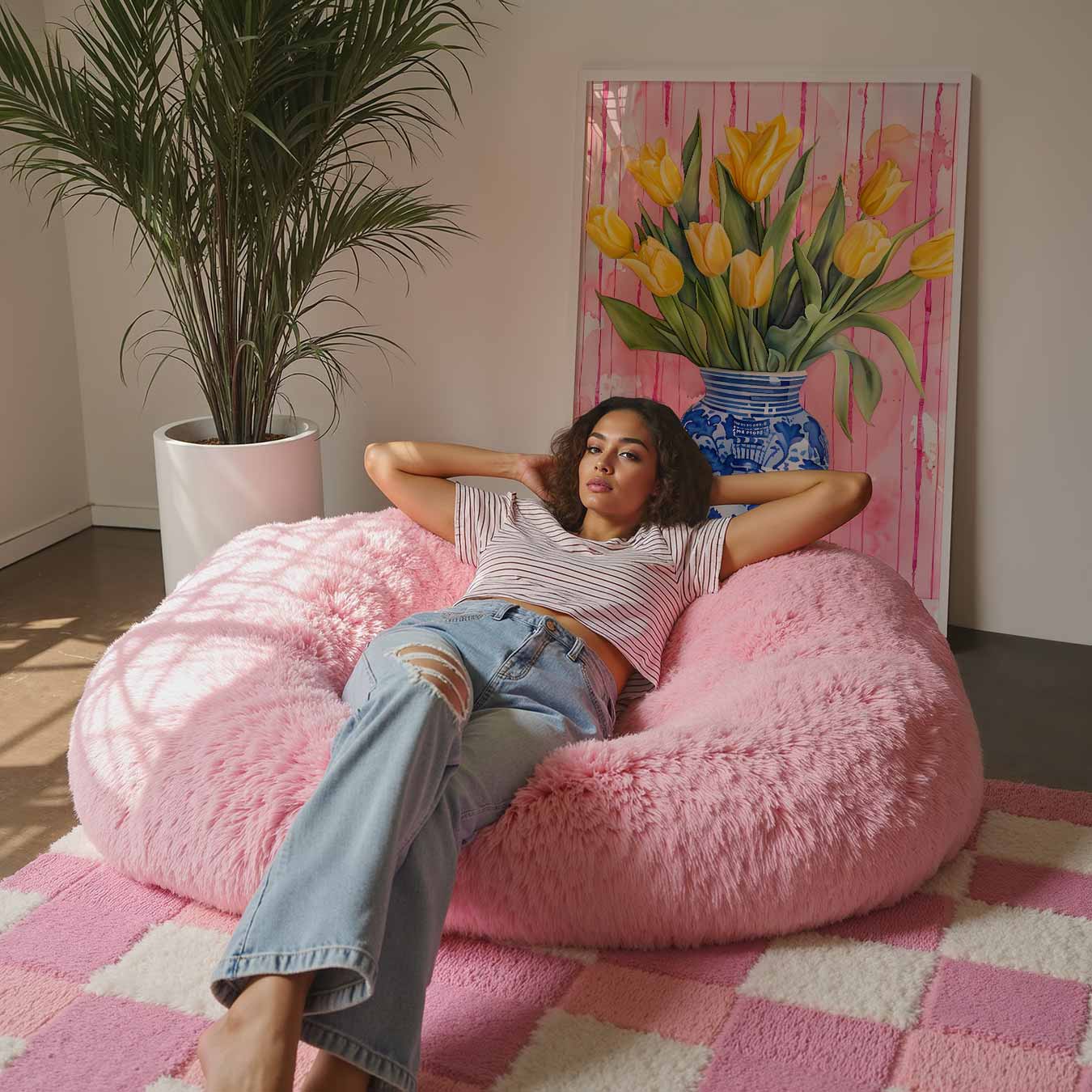 Bloeiende Tulpen in Blauwe Vaas Poster-WallArtistic