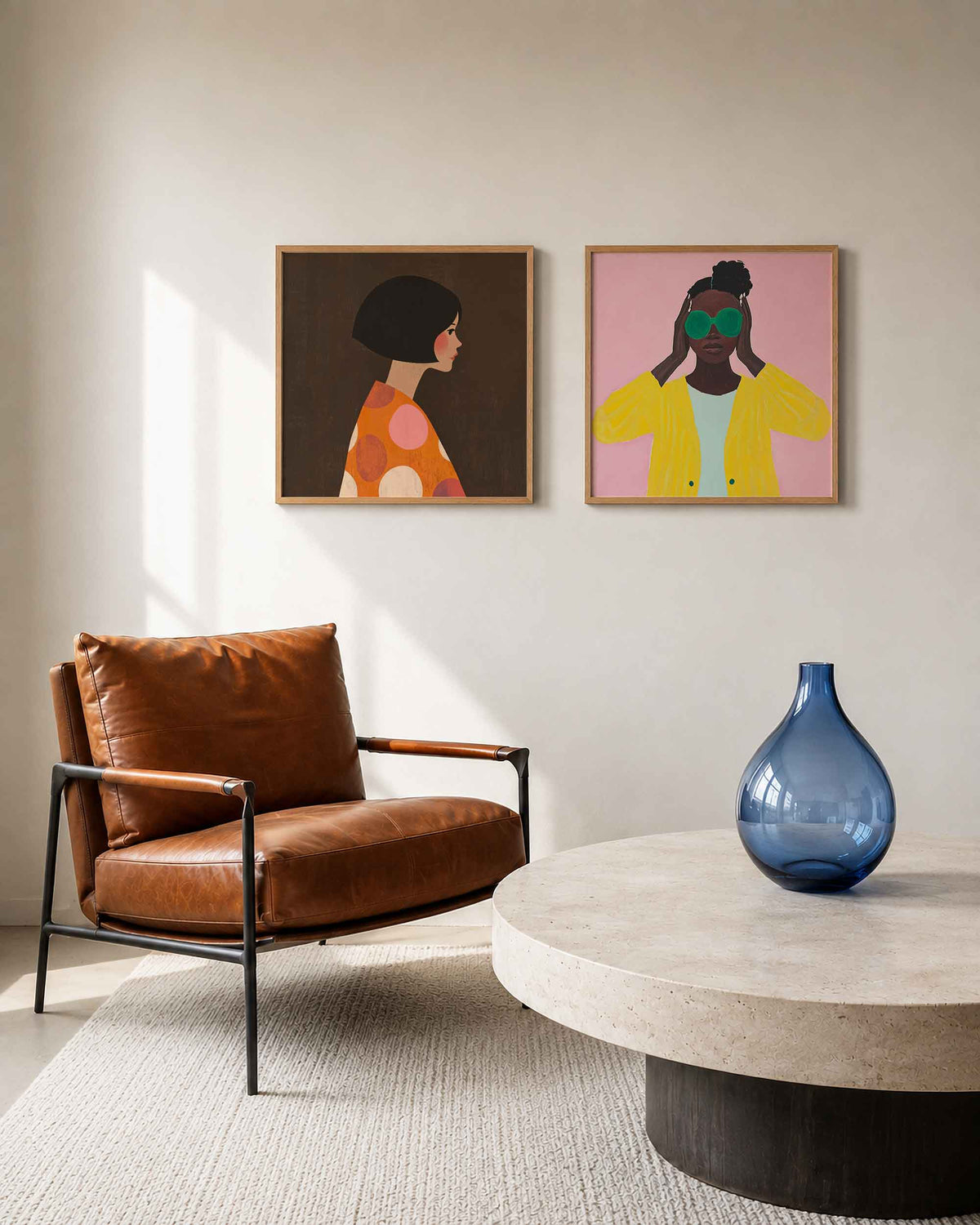 Interieurpresentatie van een tweedelige vierkante posterset met vrouwenportretten