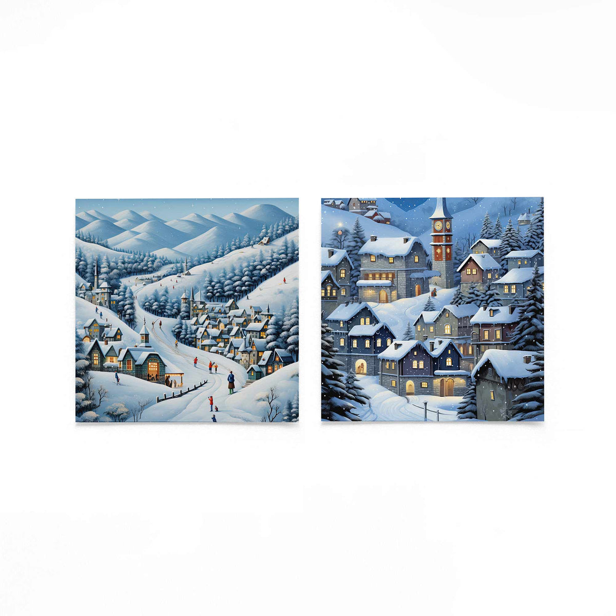 Twee vierkante posters met besneeuwd bergdorp op een gebroken witte achtergrond