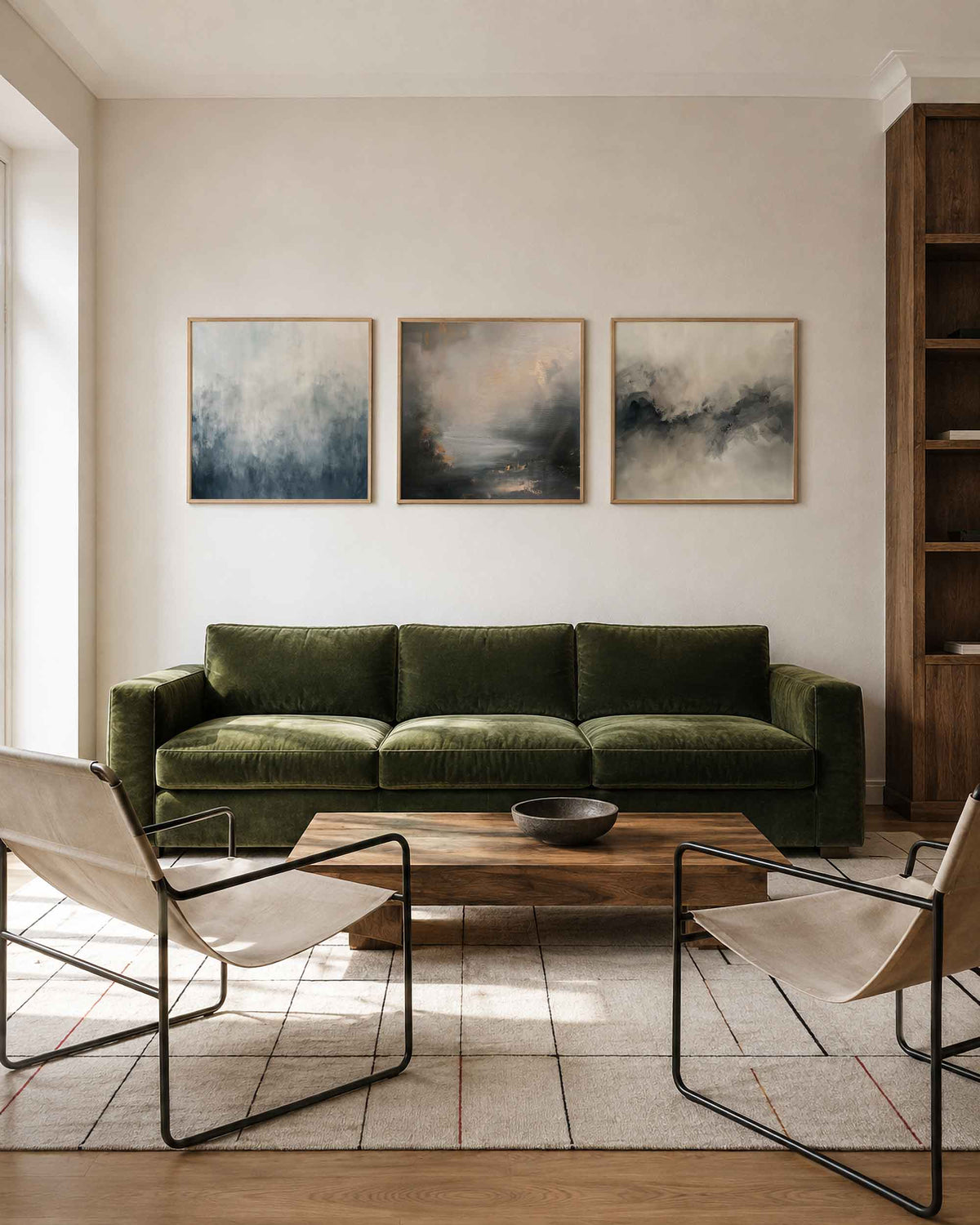 Interieurpresentatie van een driedelige vierkante posterset met abstracte grijstinten