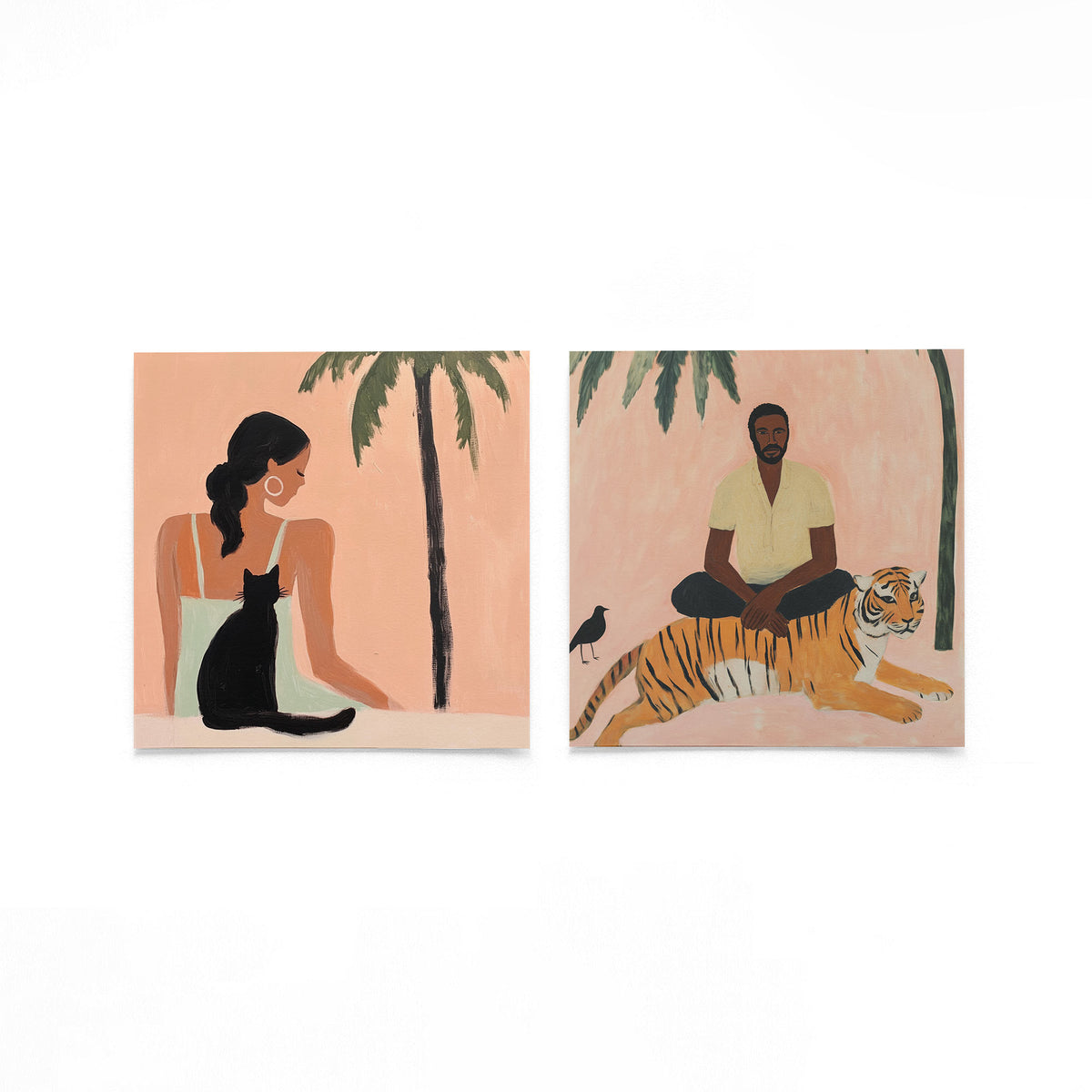 Twee vierkante posters met tropische mensen en dieren op een gebroken witte achtergrond