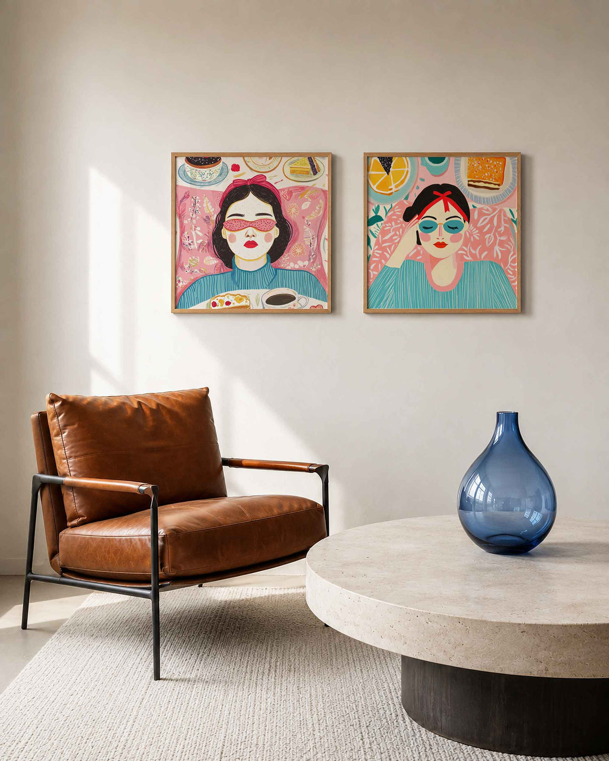 Interieurpresentatie van een tweedelige vierkante posterset met vrouwen met lekkernijen