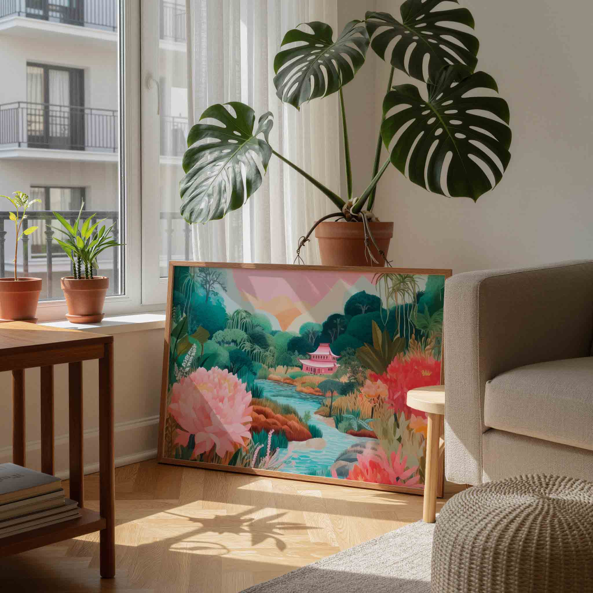 Serene landschap met tempel Poster