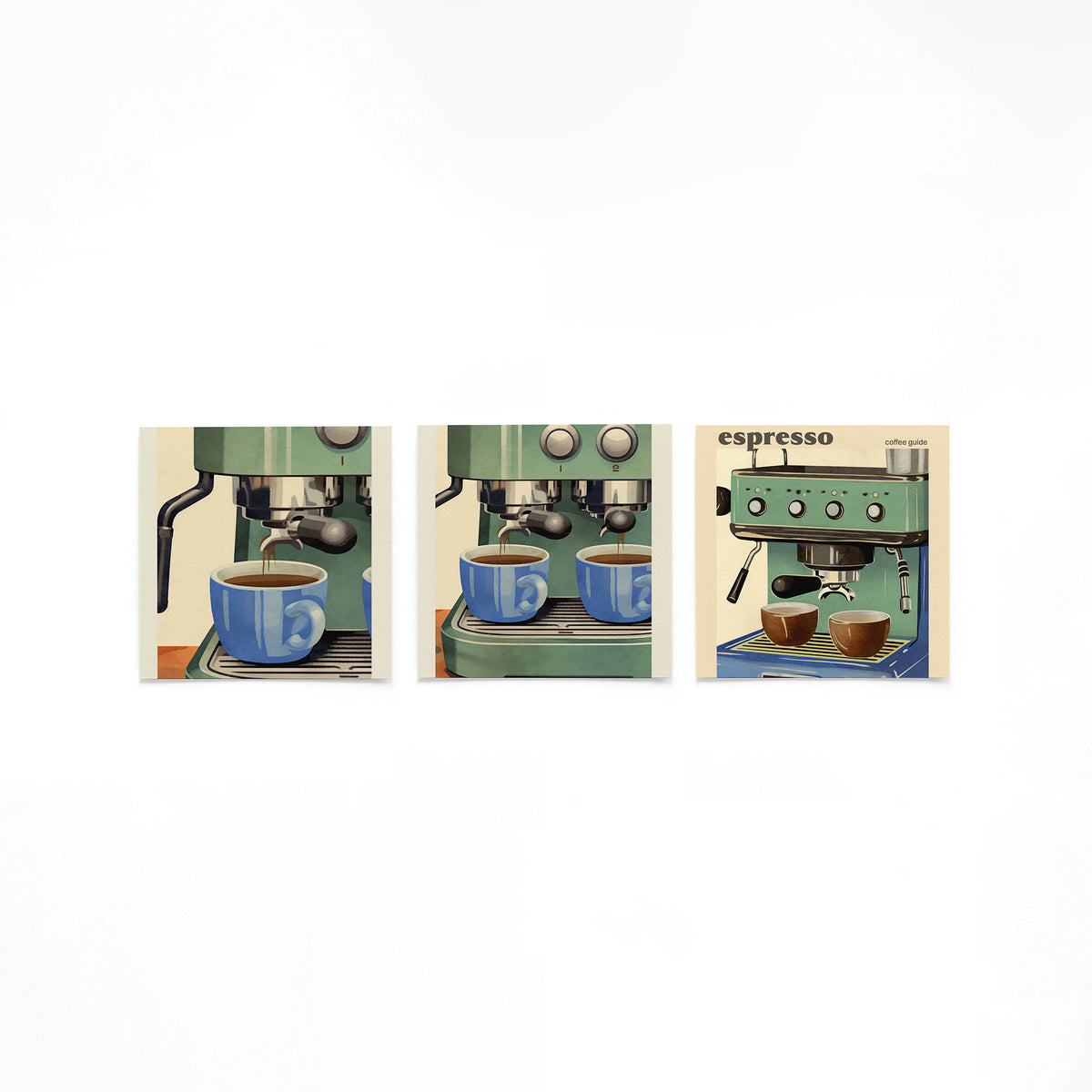 Drie vierkante posters met espressomachine koffie op een gebroken witte achtergrond