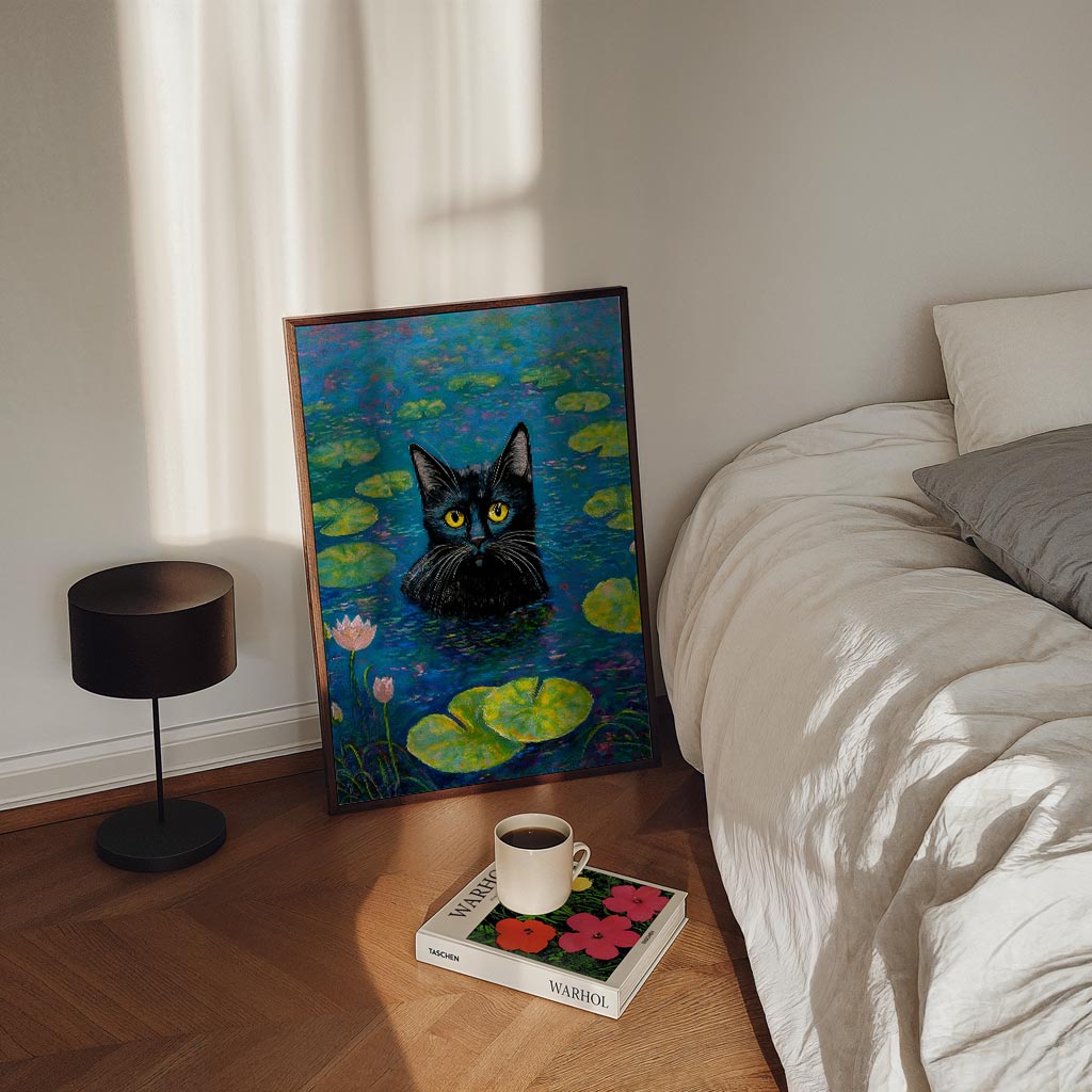 Mystieke Zwarte Kat op Waterlelies Poster-WallArtistic