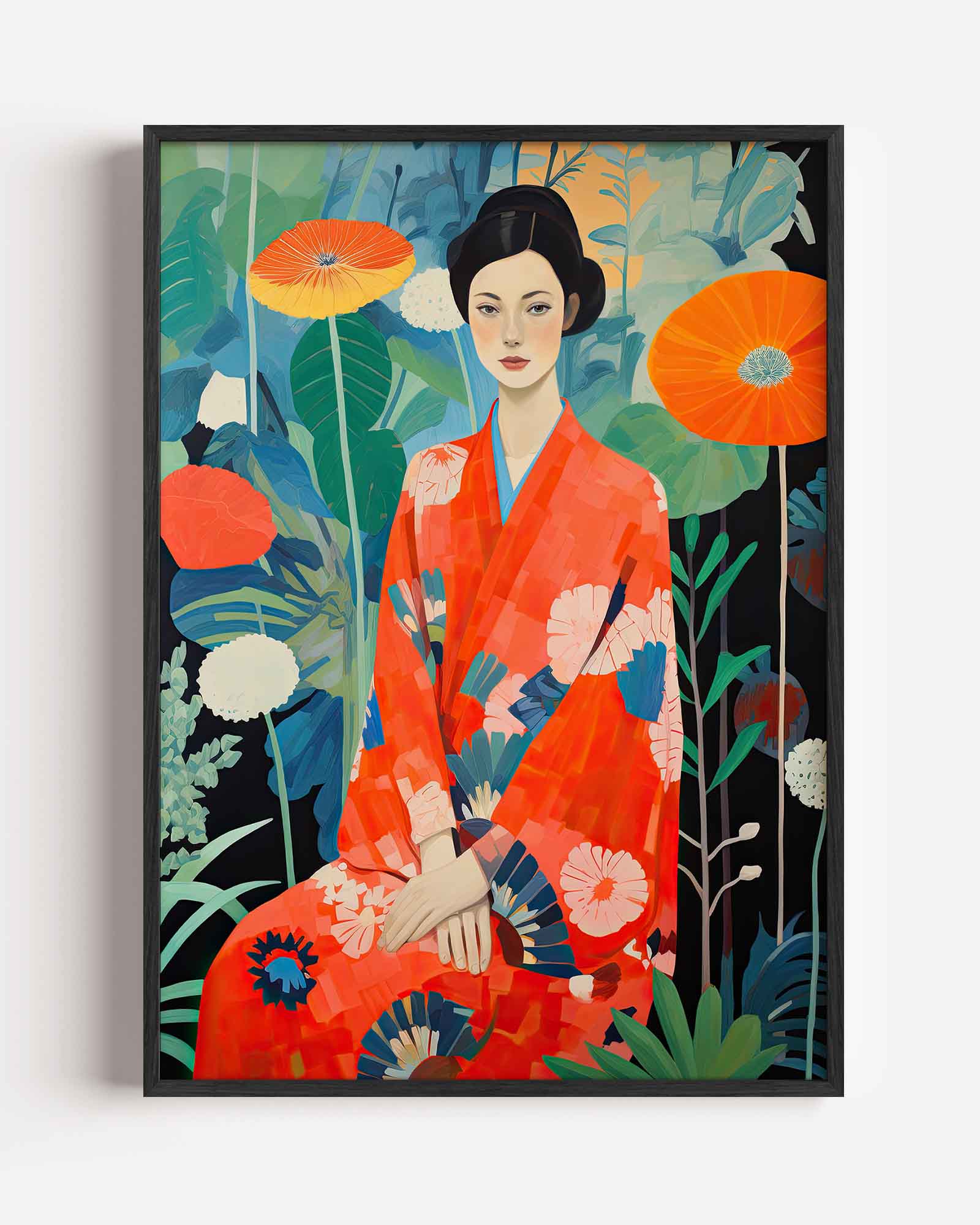 Vrouw in kimono met bloemen Poster