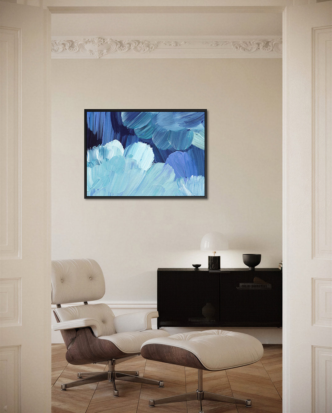 Vloeiende blauwe borstels Kunstwerk