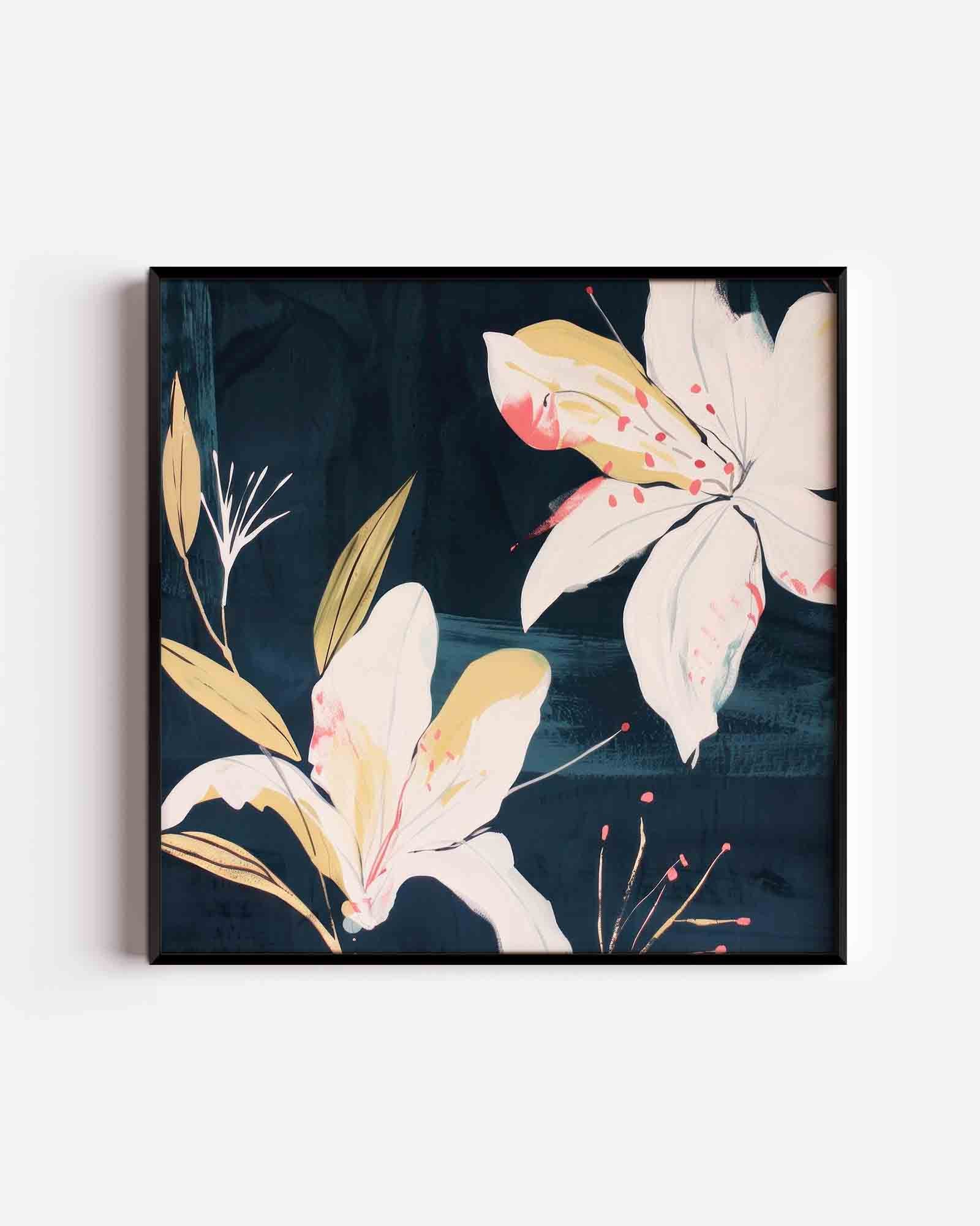 Witte bloemen en bladeren Poster