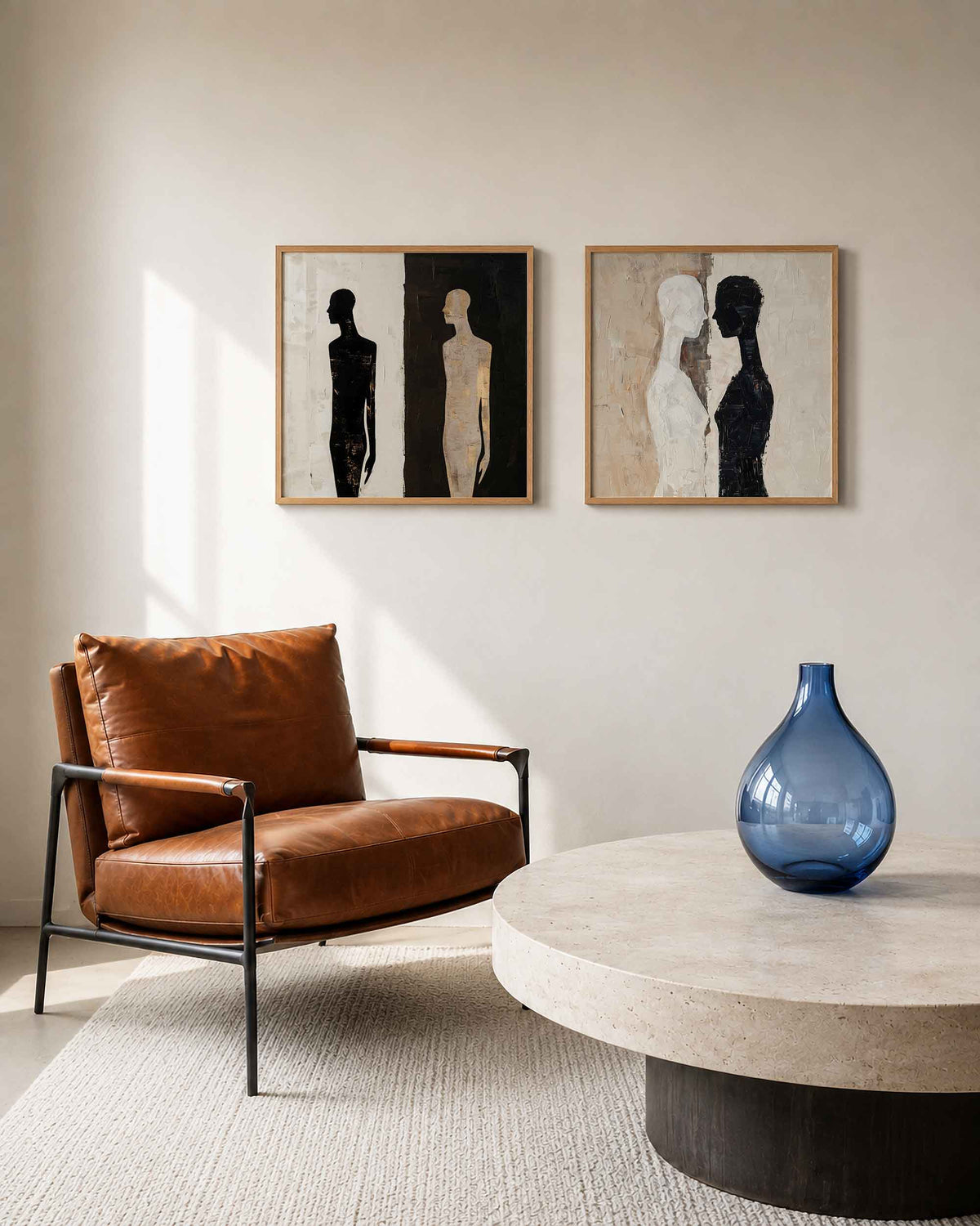 Interieurpresentatie van een tweedelige vierkante posterset met silhouetten en figuren