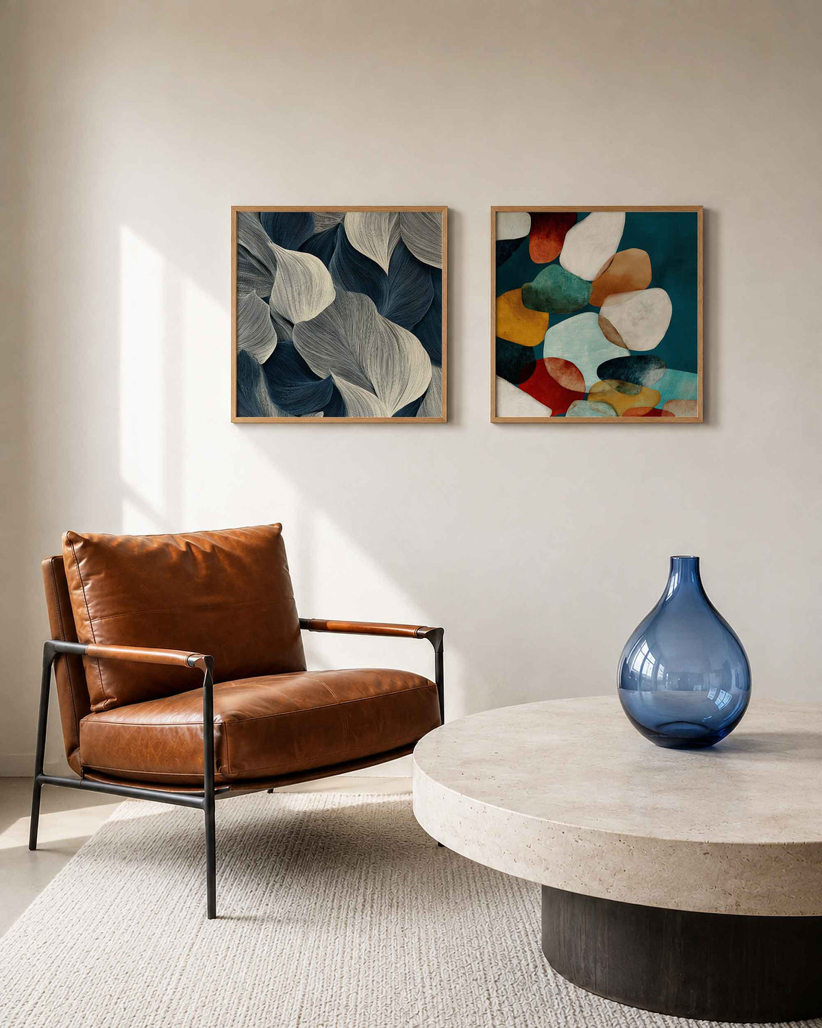 Interieurpresentatie van een tweedelige vierkante posterset met golvende vormen