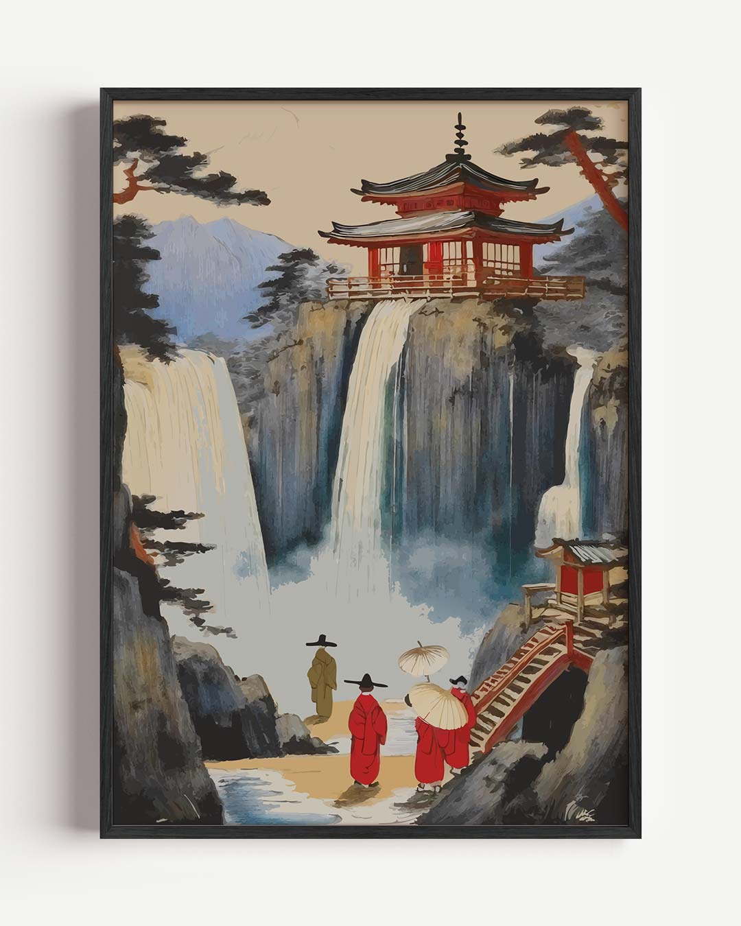 Japanse Waterval en Tempel Poster-WallArtistic