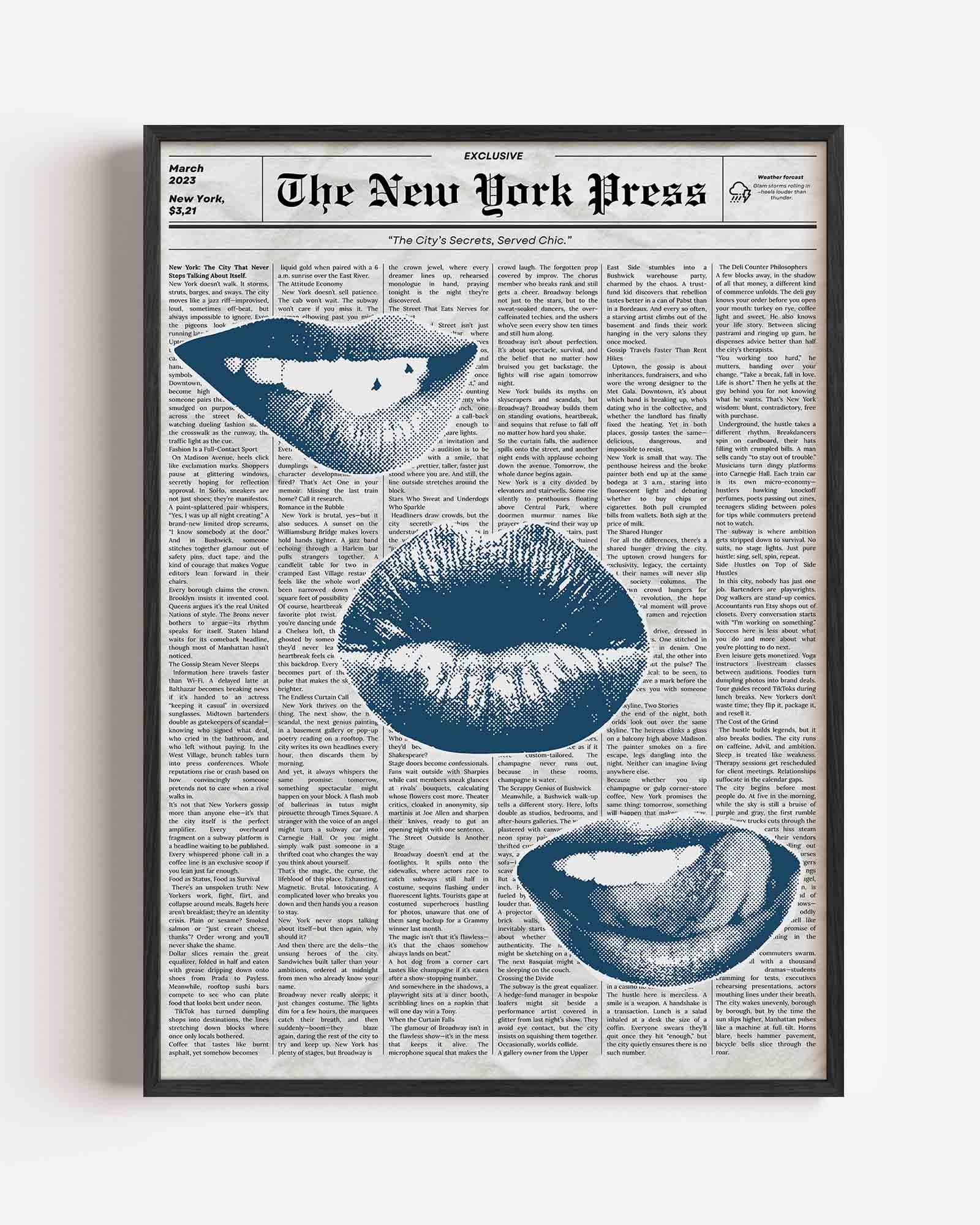 Blauwe lippen op krantenachtergrond Poster