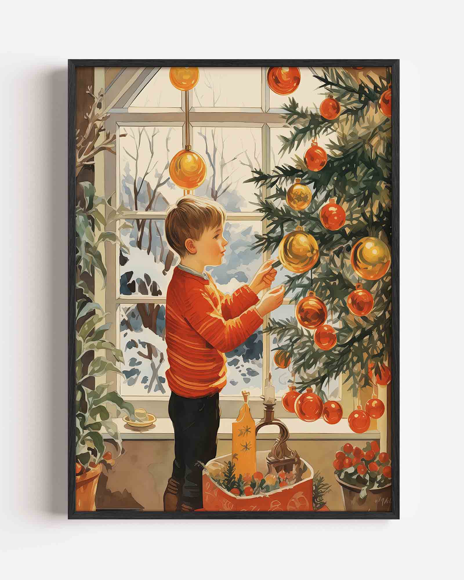 Jongetje bij kerstboom Poster
