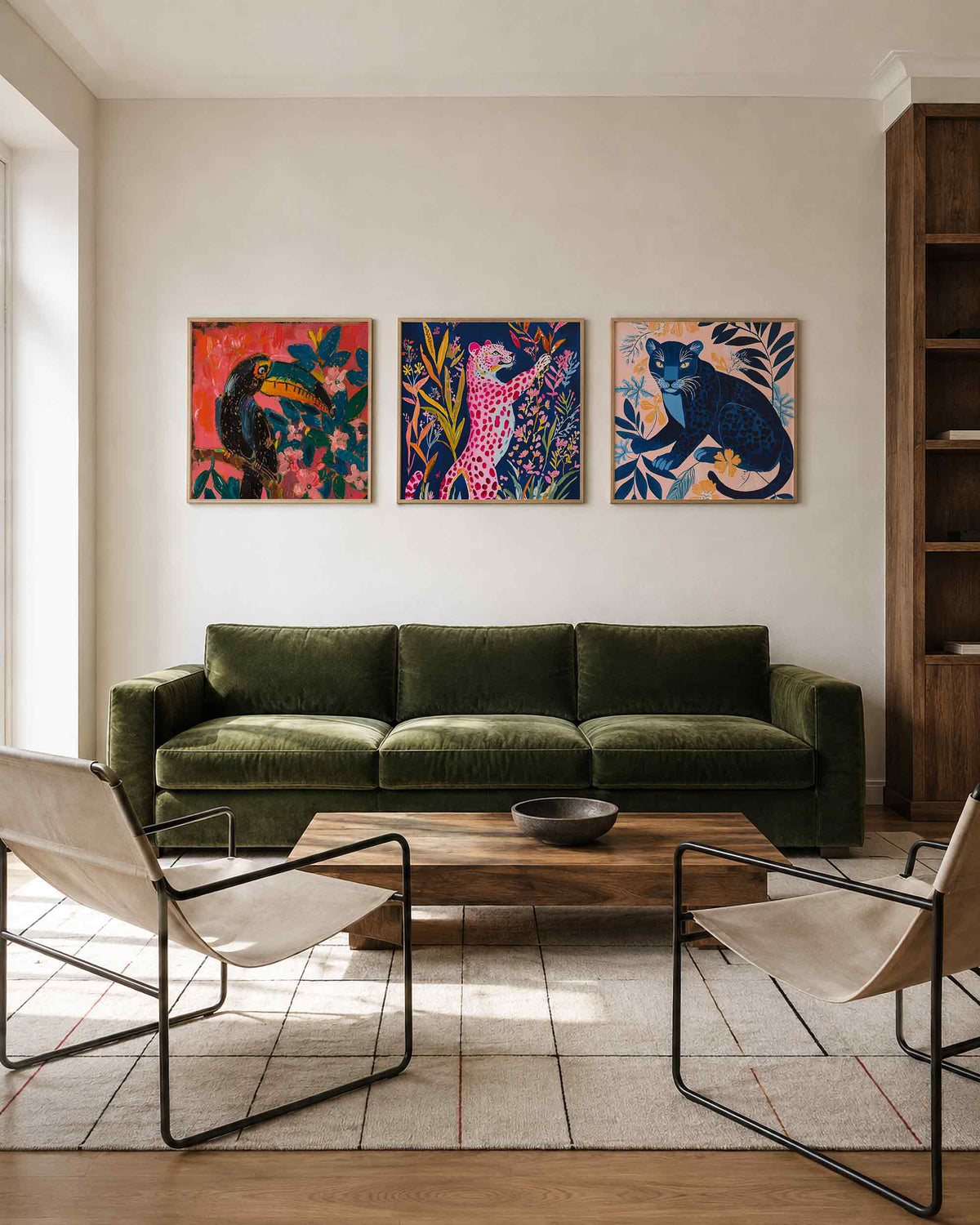 Interieurpresentatie van een driedelige vierkante posterset met kleurrijke wilde dieren