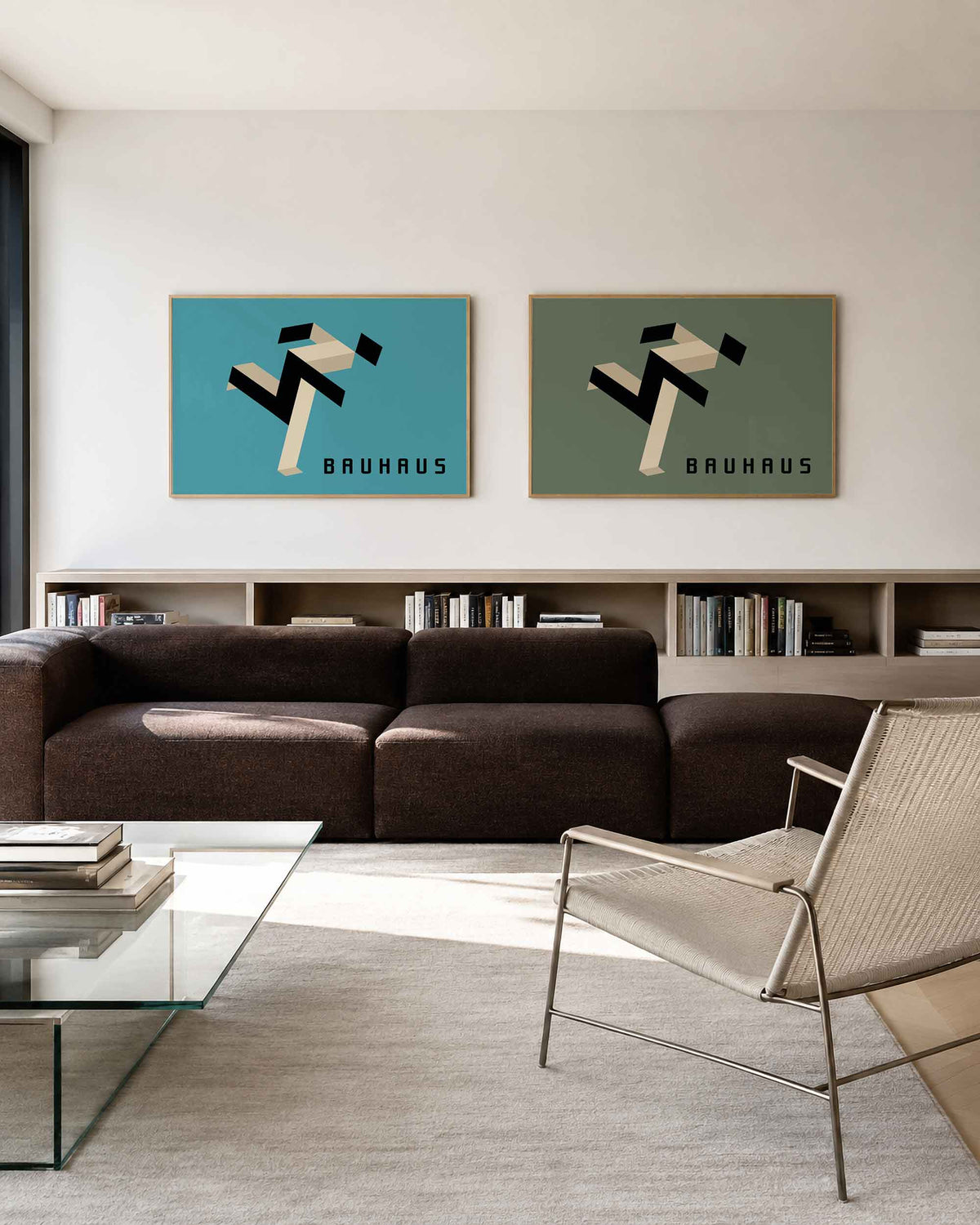 Interieurmockup van tweedelige landscape-posterset met zwevende zwart beige lijnen