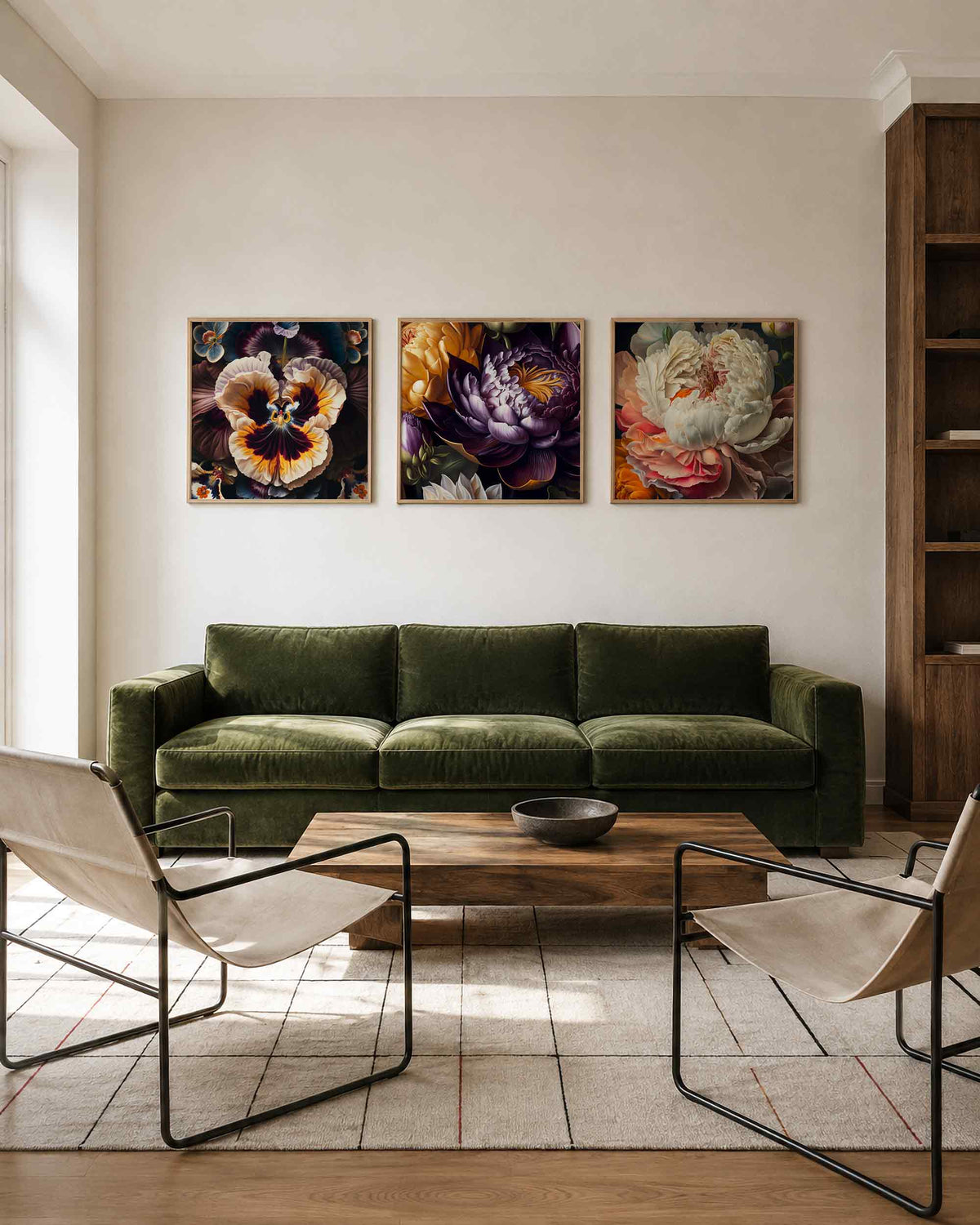 Interieurpresentatie van een driedelige vierkante posterset met grote bloemen