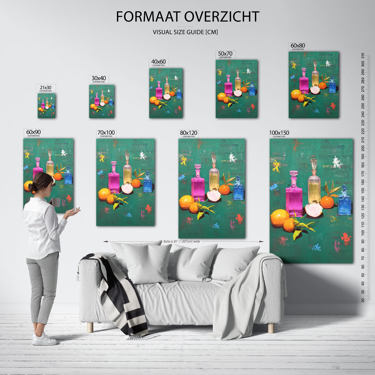Gekleurd flessen en sinaasappels Poster