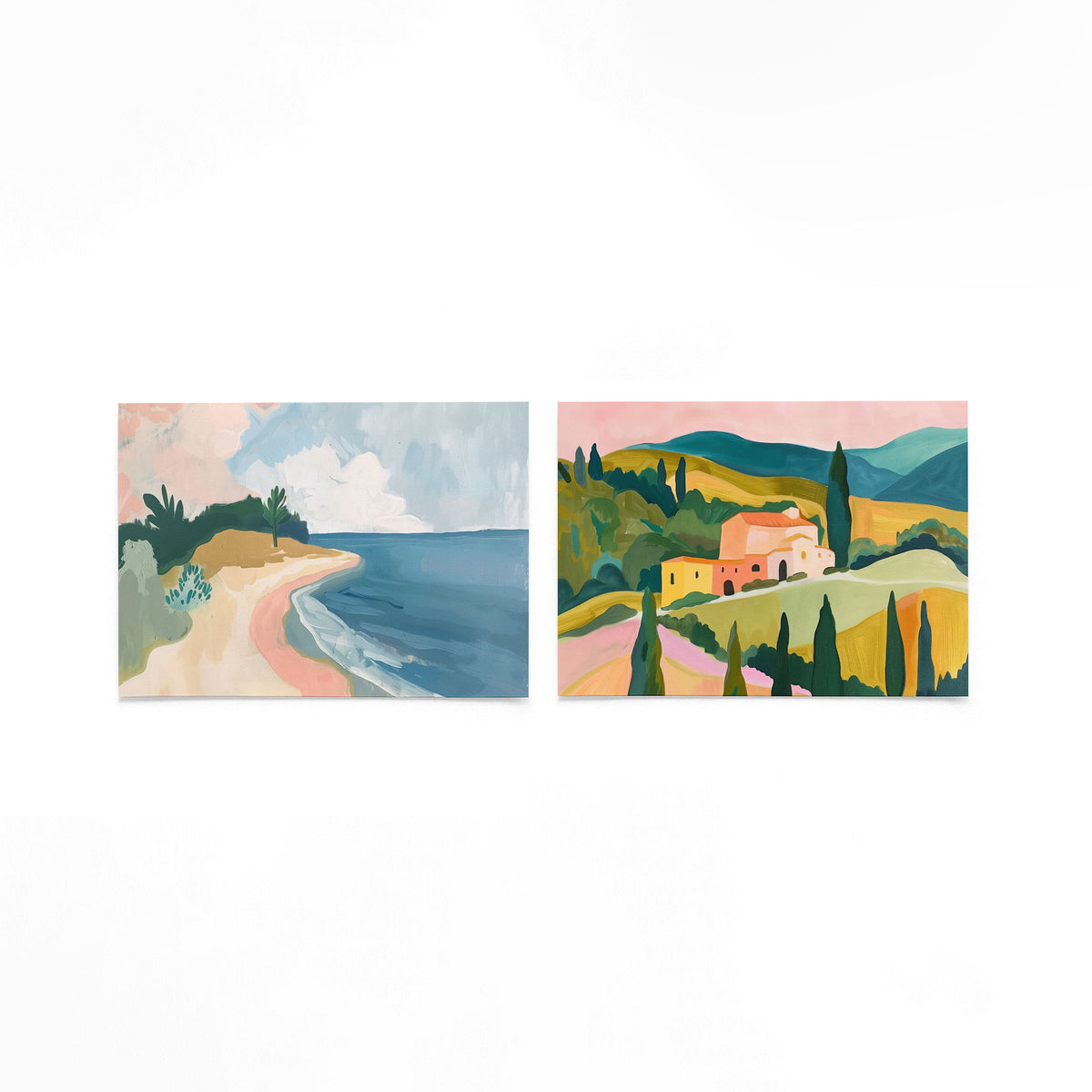 Twee liggende posters met een zachte, golvende kustlijn met pastelkleuren op een gebroken witte achtergrond