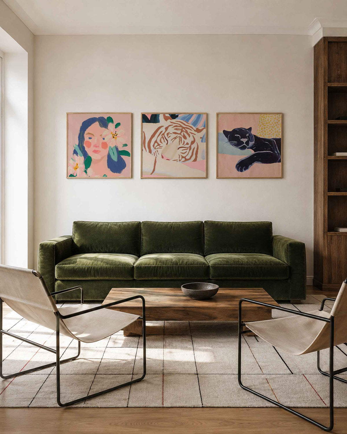 Interieurpresentatie van een driedelige vierkante posterset met portretten en kat
