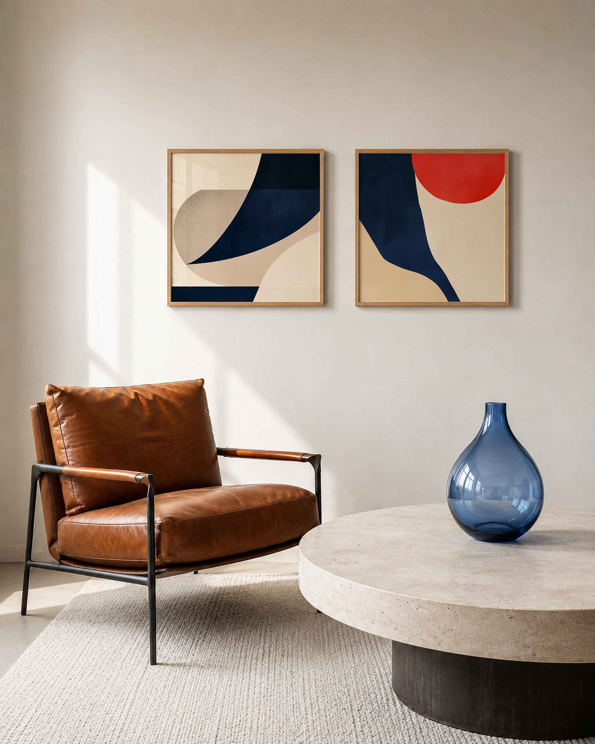 Interieurpresentatie van een tweedelige vierkante posterset met geometrische vormen