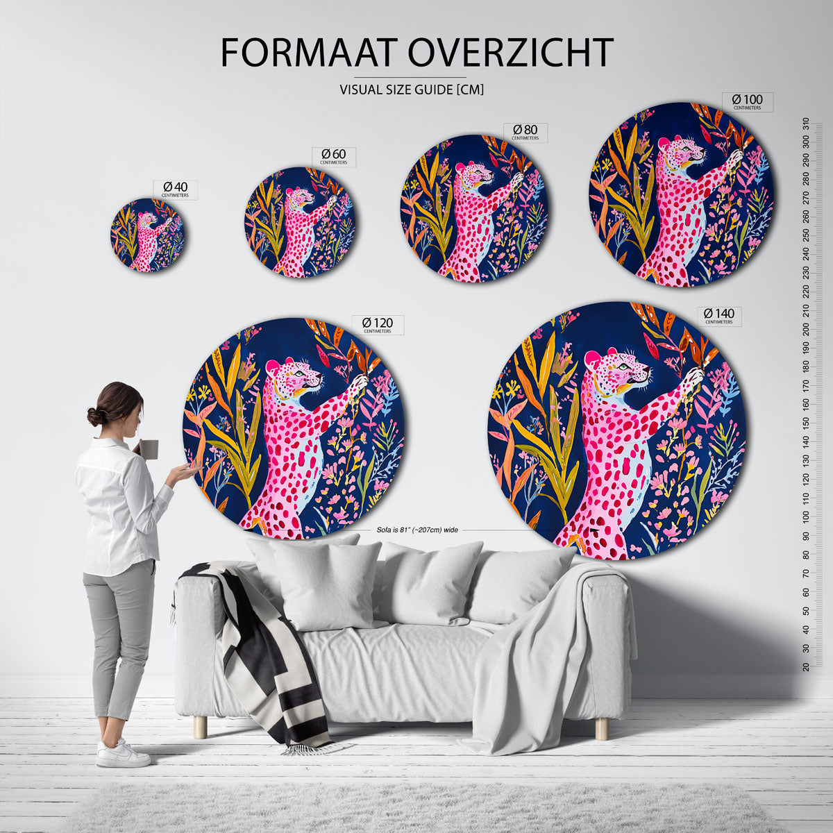 Roze luipaard met bloemen Muurcirkel