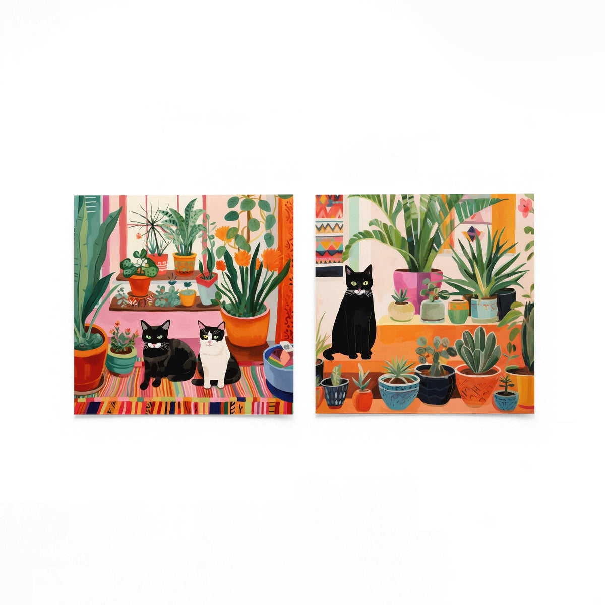 Twee vierkante posters met katten en kamerplanten op een gebroken witte achtergrond
