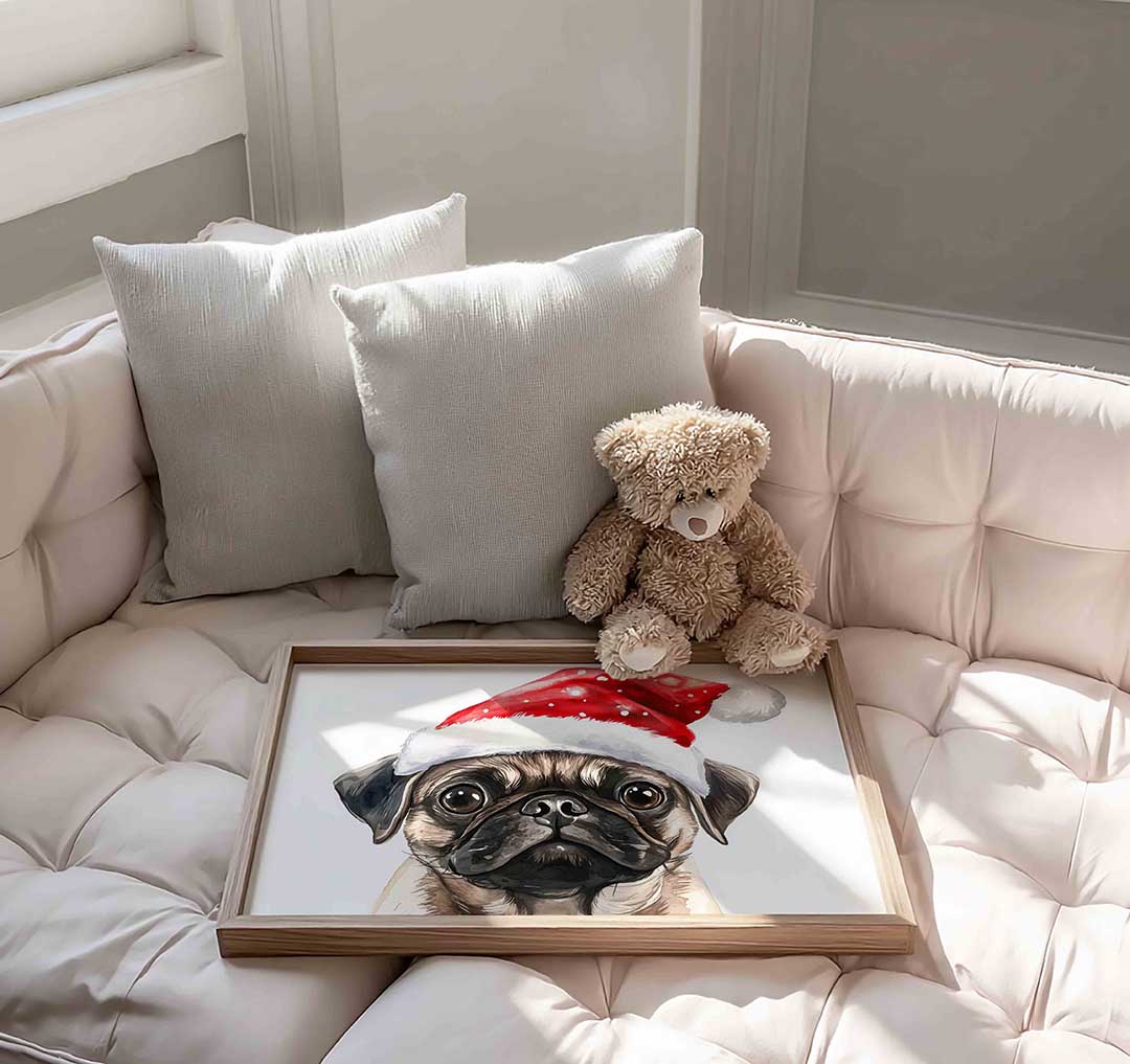 Mopshond met kerstmuts Poster