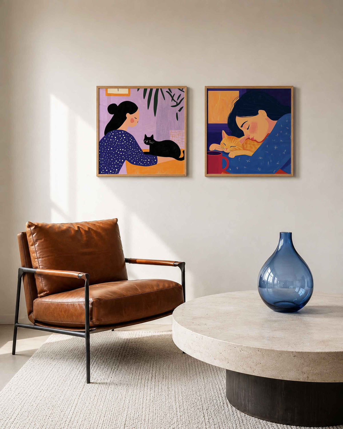 Interieurpresentatie van een tweedelige vierkante posterset met vrouw en katten