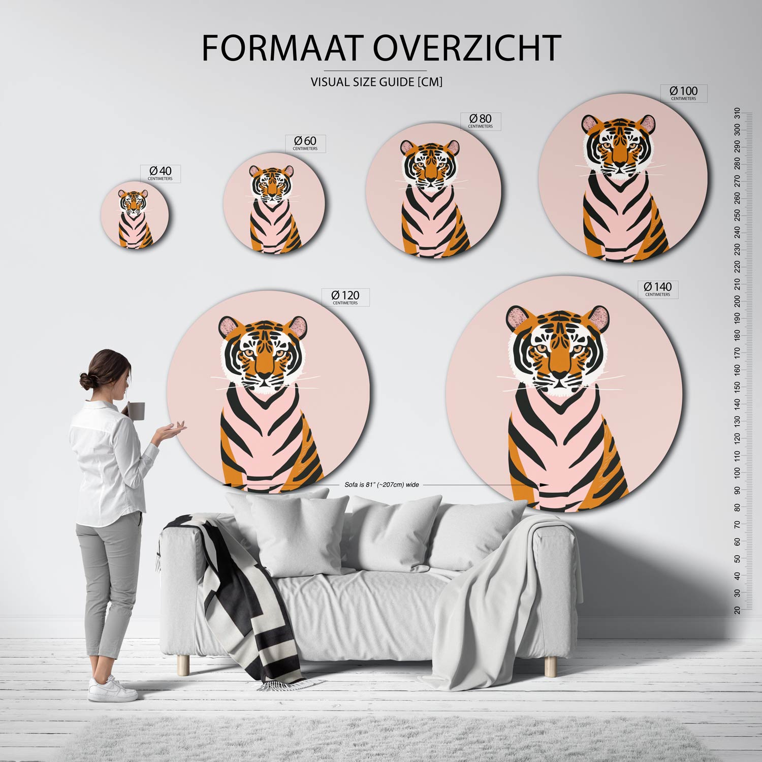 Tijger op roze Muurcirkel