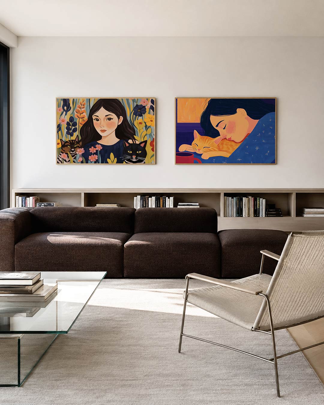 Tweedelige posterset met een vrouw omringd door kleurrijke bloemen en twee katten, getoond in een interieur