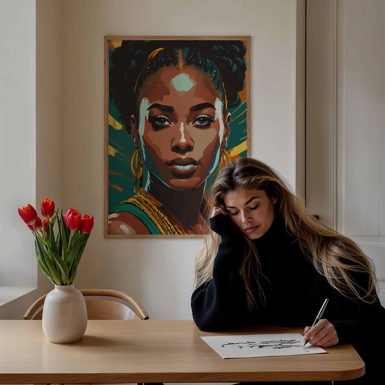 Portret Vrouw in Groen en Oranje Poster-WallArtistic