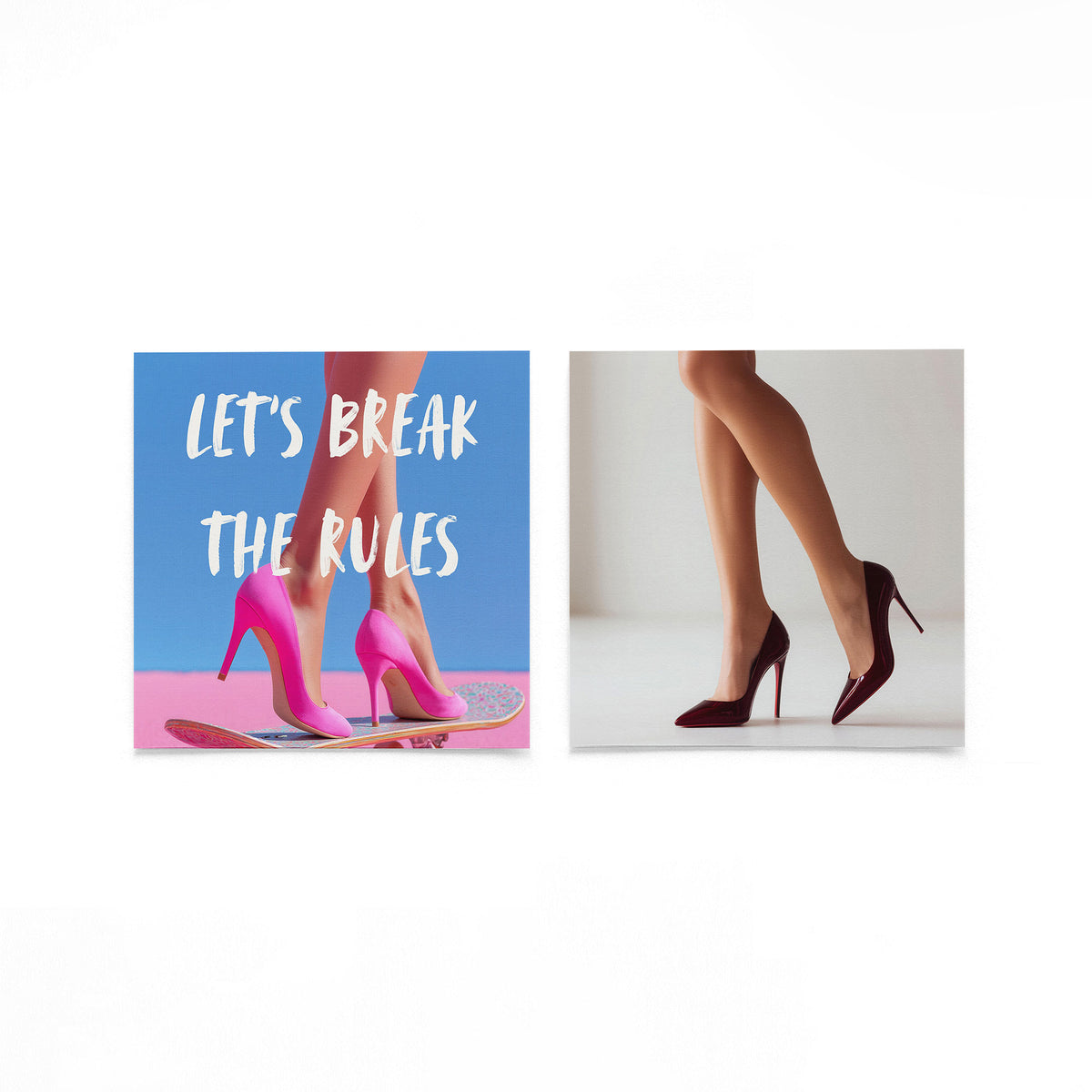 Twee vierkante posters met hoge hakken op een gebroken witte achtergrond