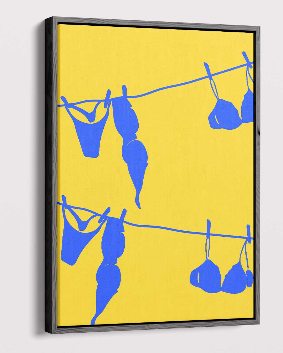 Blauw Wasgoed op Gele Draad Kunstwerk-canvas-dibond-plexiglas-wanddecoratie-WallArtistic