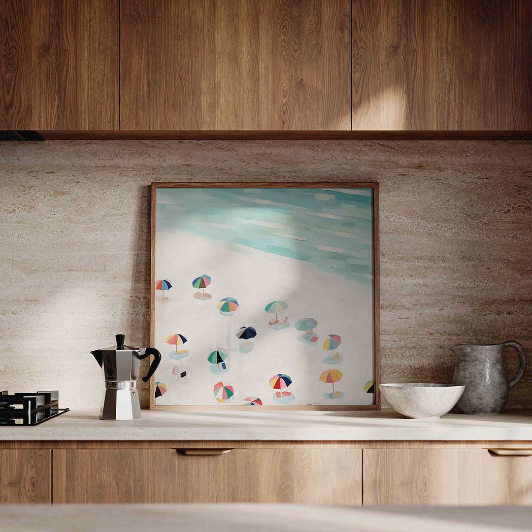Strand met parasols Poster