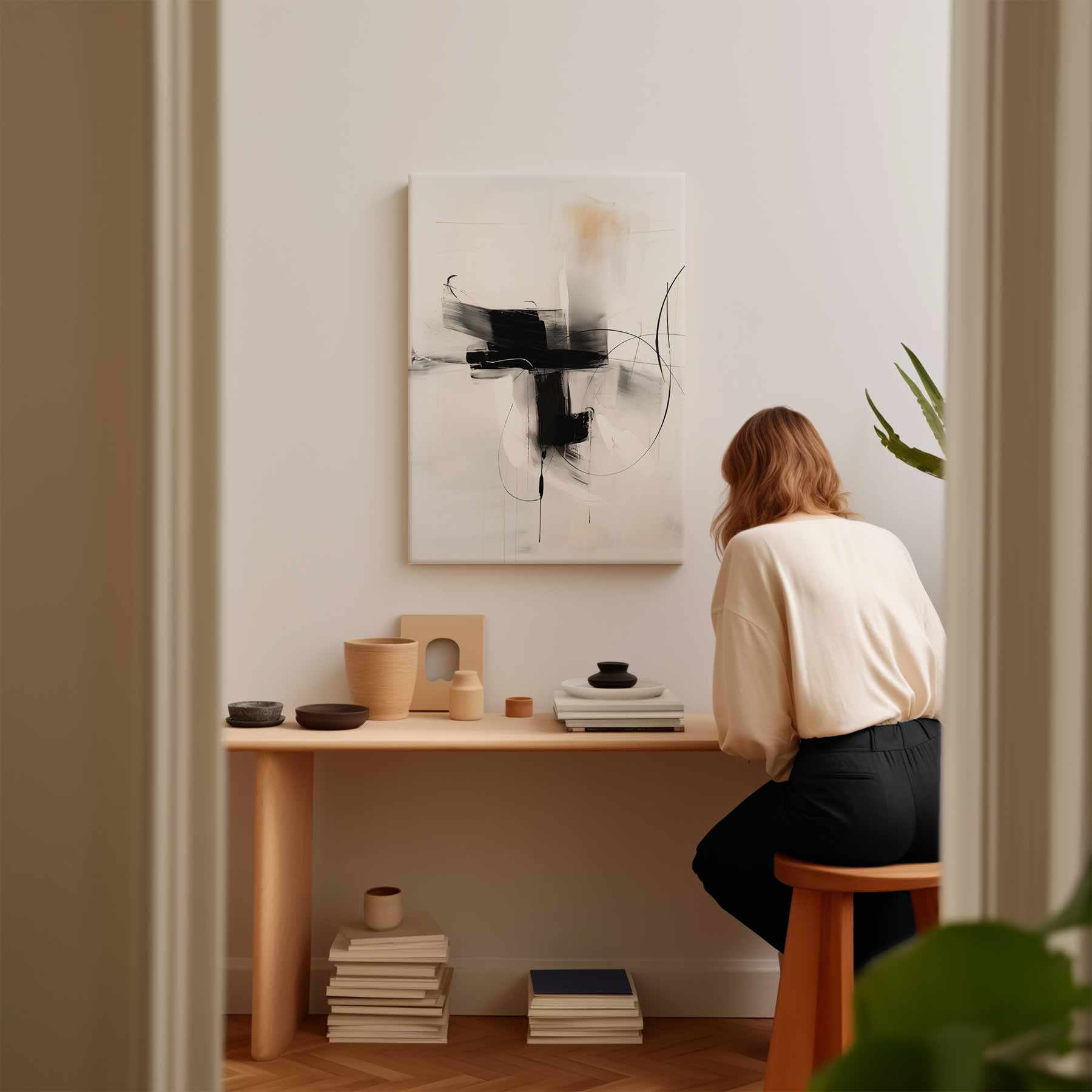 Dynamisch Abstract Zwart-Wit Schilderij Kunstwerk-canvas-dibond-plexiglas-wanddecoratie-WallArtistic