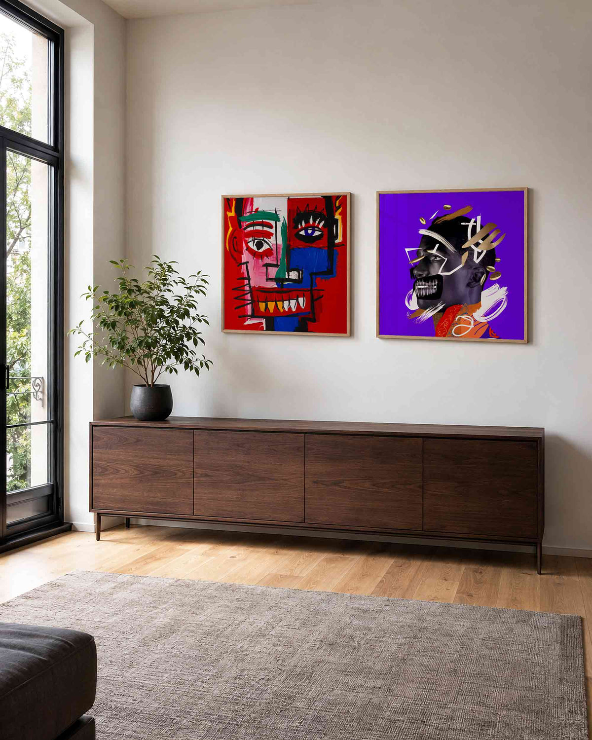 Interieurpresentatie van een tweedelige vierkante posterset met gezichten en portretten