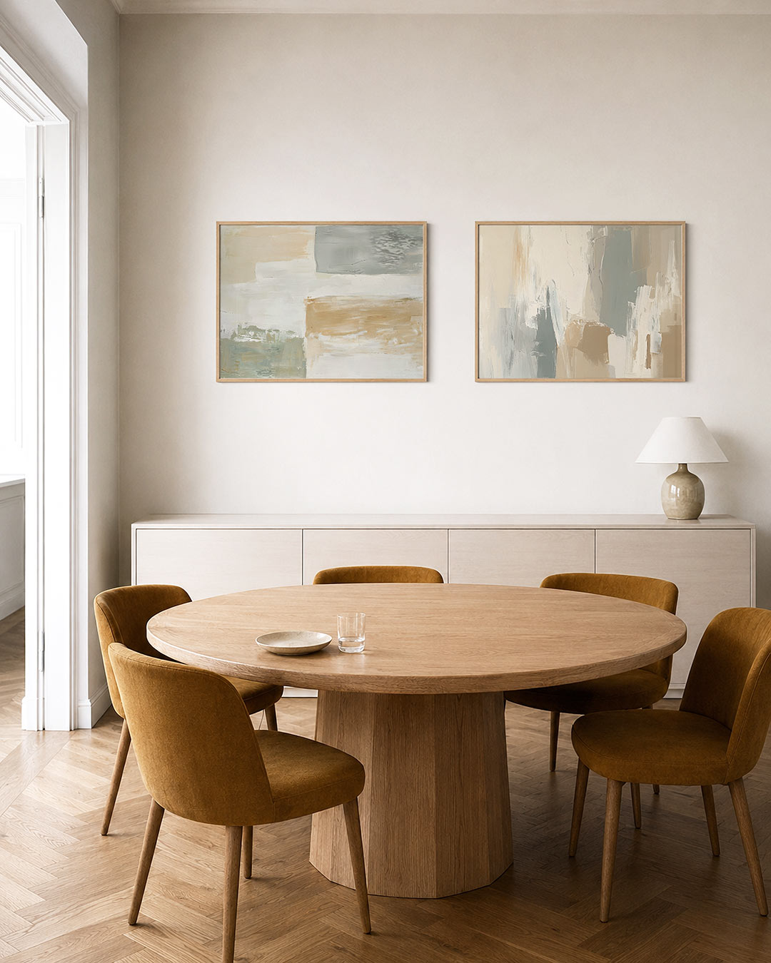 Twee liggende posters met zachte beige en grijze kleurvlakken, aan de muur in een interieur